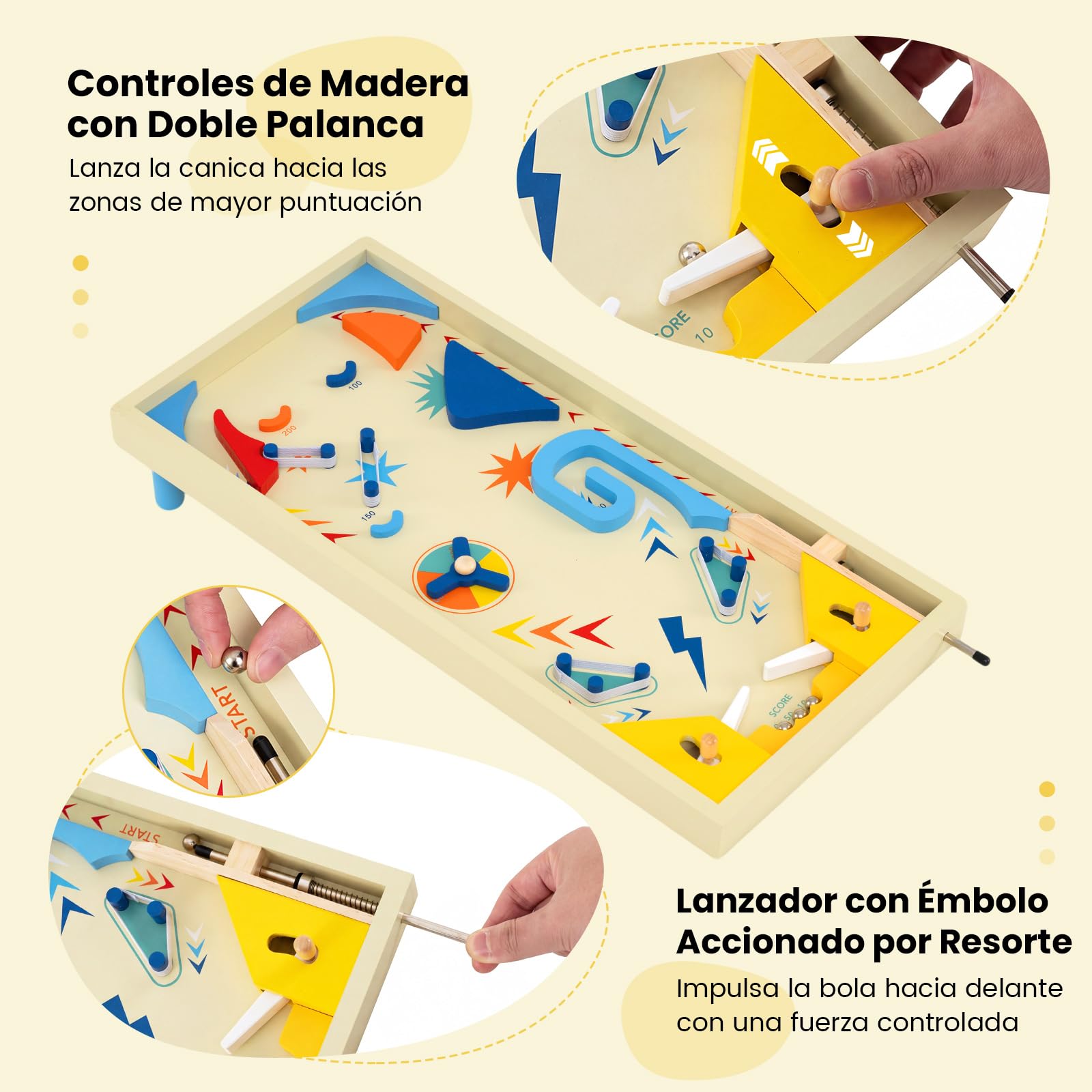 COSTWAY Máquina de Pinball de Madera, Juego de Mesa con Pista Giratoria y Puntuación con 3 Bolas para Niños de 6+ Años y Adultos, Juguete de Pinball de Canicas para Oficina o Fiestas Familiares
