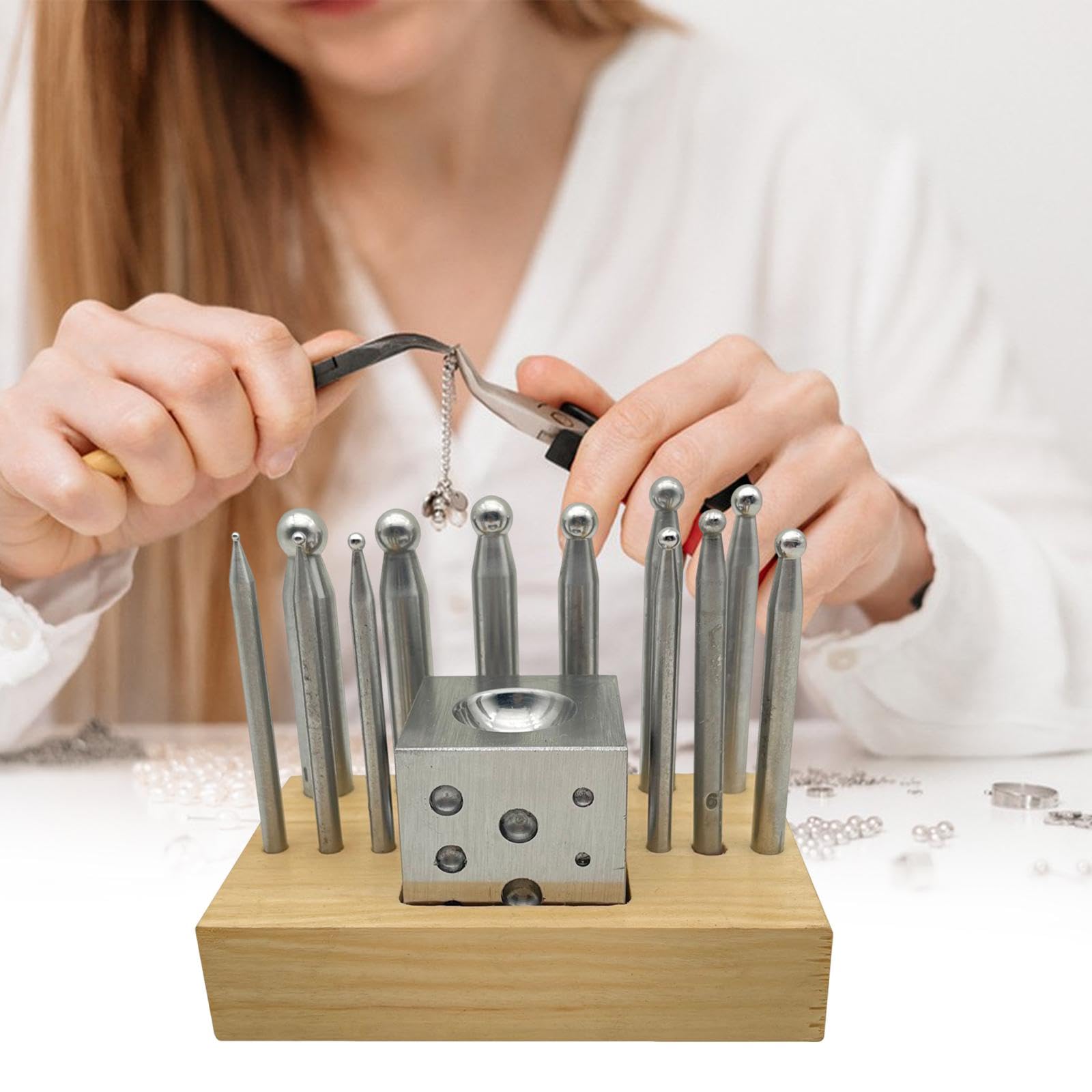 Perfeclan Kit 13 Outils formage métaux à Damper et à poinçonner, avec Base en Bois, pour la Fabrication Bijoux et Autres créations.