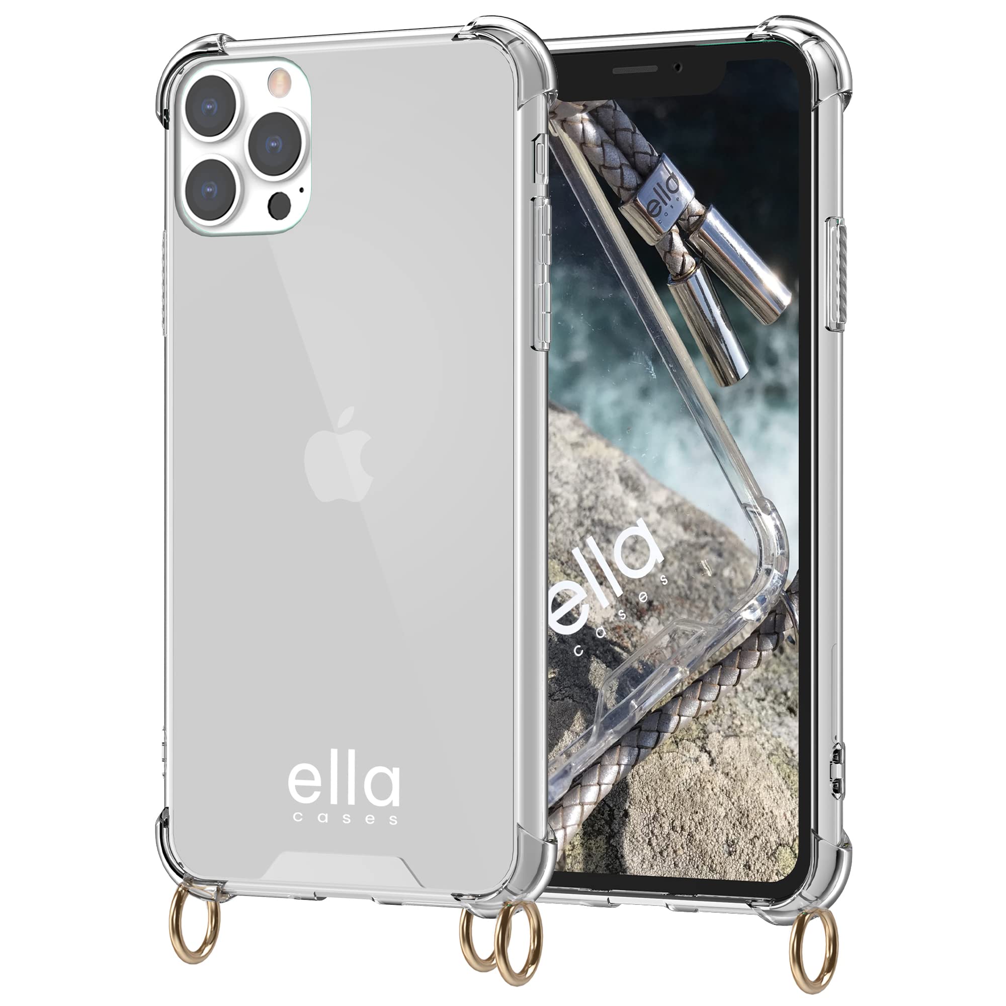 Ella Cases Mobile Phone Case With Eyelets For IPhone 15 Pro Max Transparent With Rings For Mobile Phone Chain In Gold Individually Without Chain For
