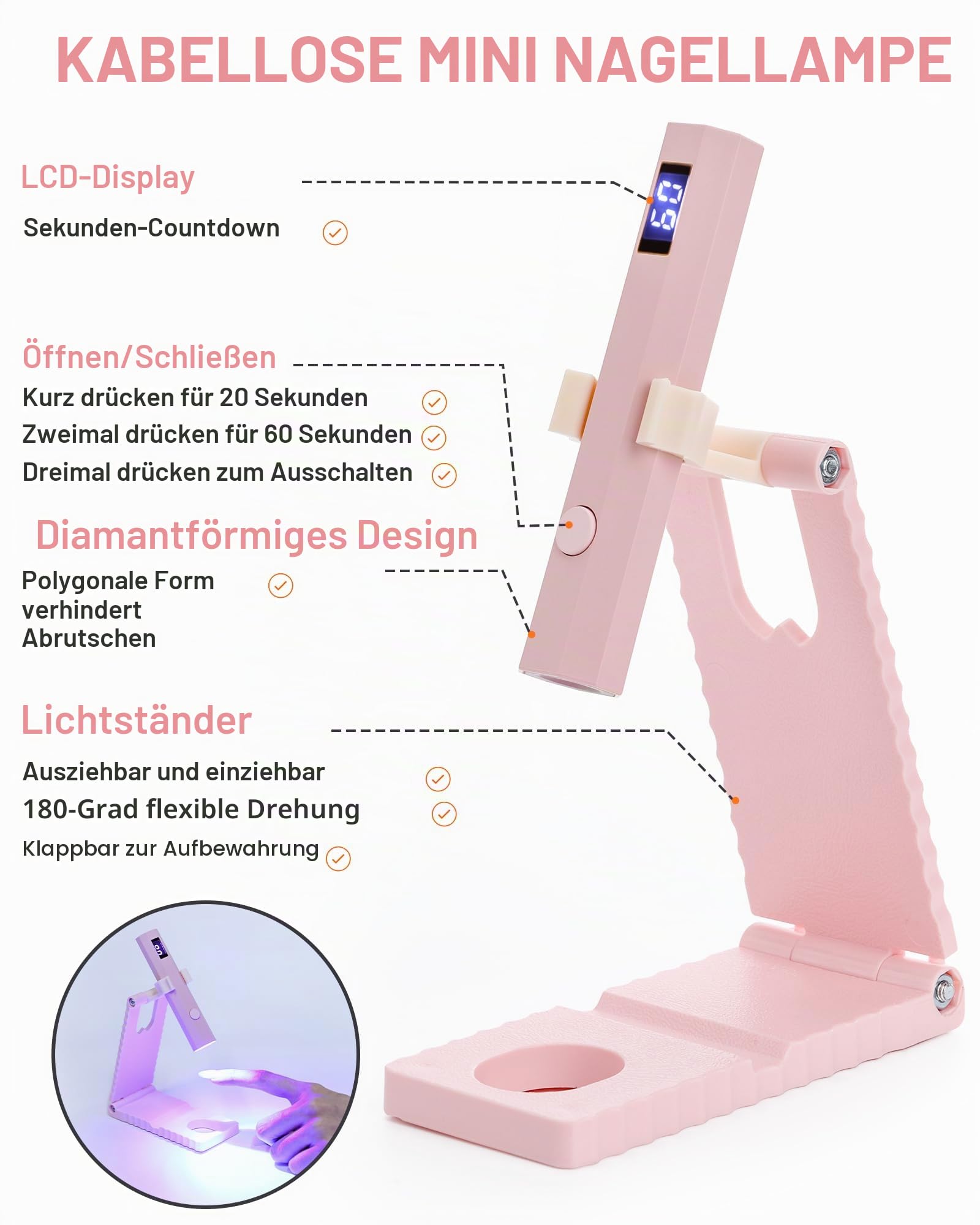 UV Lampe für Gelnägel, Mini UV Lampe für gelnägel, LED Lampe Nägel mit LCD-Display, Mini Wiederaufladbar 2 Timer-Modi Nageltrockner, UV Nagellampe zum Aushärten von Nagelkleber, Nail Tips-Rosa