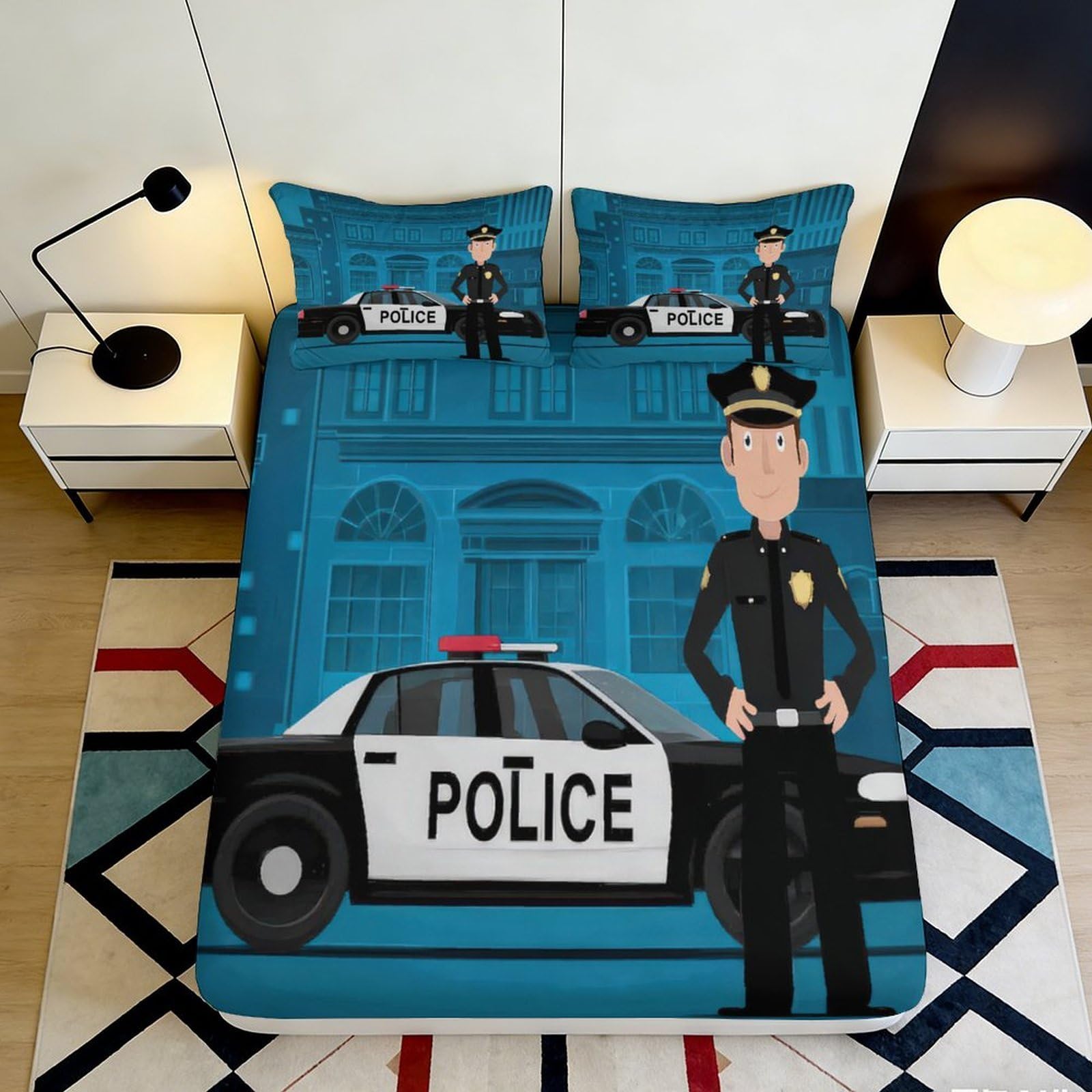 3D Printed Police Car Fitted Sheet Microfiber Durable 3D Printed Police Officer Bed Cover for Bedroom Dormitory Guest Room Mattress Protection 180x200x25cm