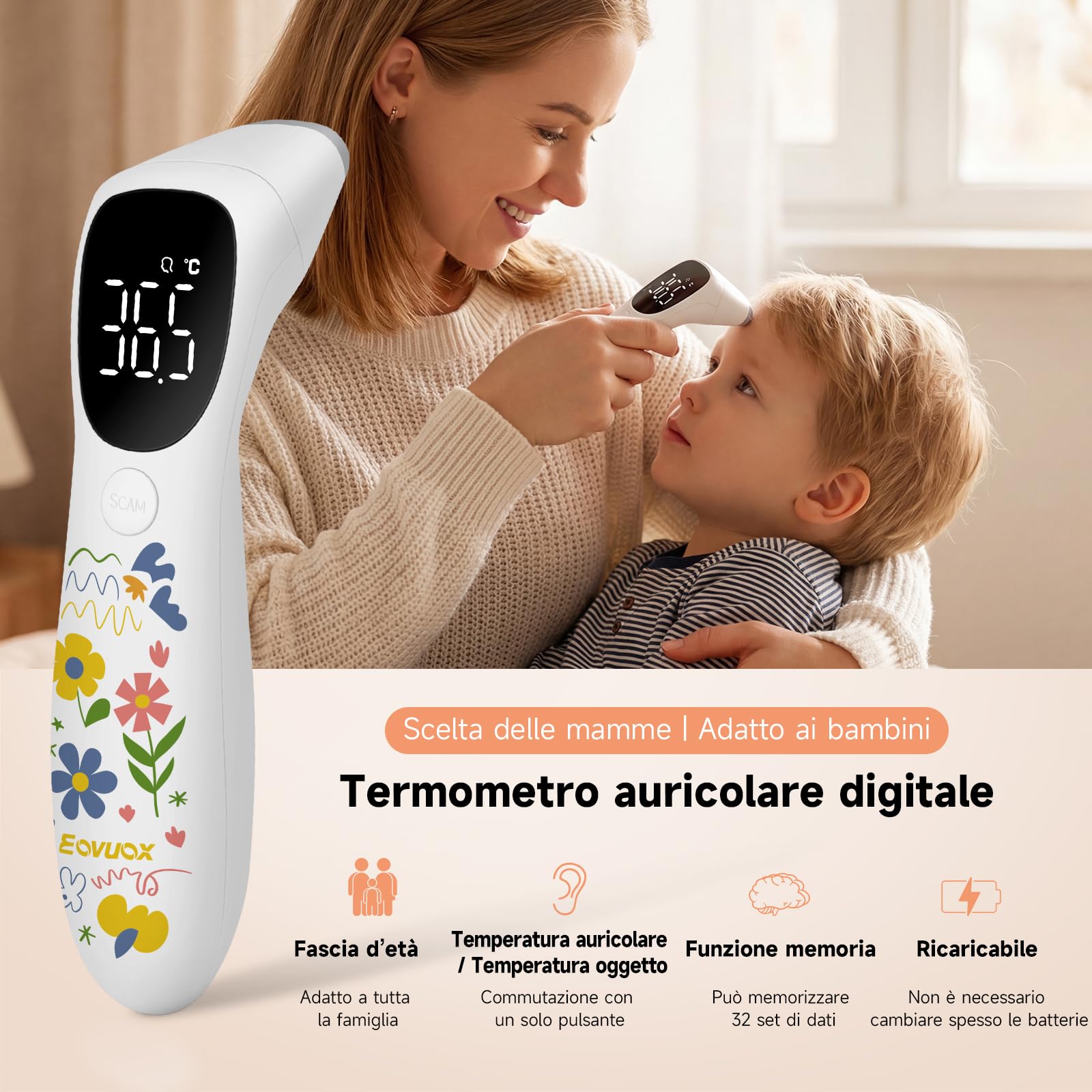 Design unico disegnato a mano | Termometro digitale senza contatto e auricolare – adatto per adulti e neonati, con funzione memoria (fiore)