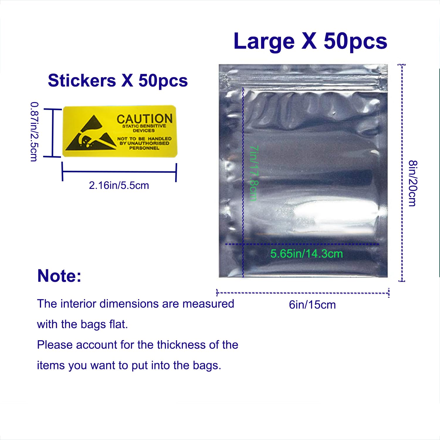 Bolsas antiestáticas Bolsa de protección ESD con Etiquetas antiestáticas para Disco Duro SSD HDD Placa Base Tarjeta de Video RAM Dispositivos electrónicos (50 Piezas con Cierre hermético de 6