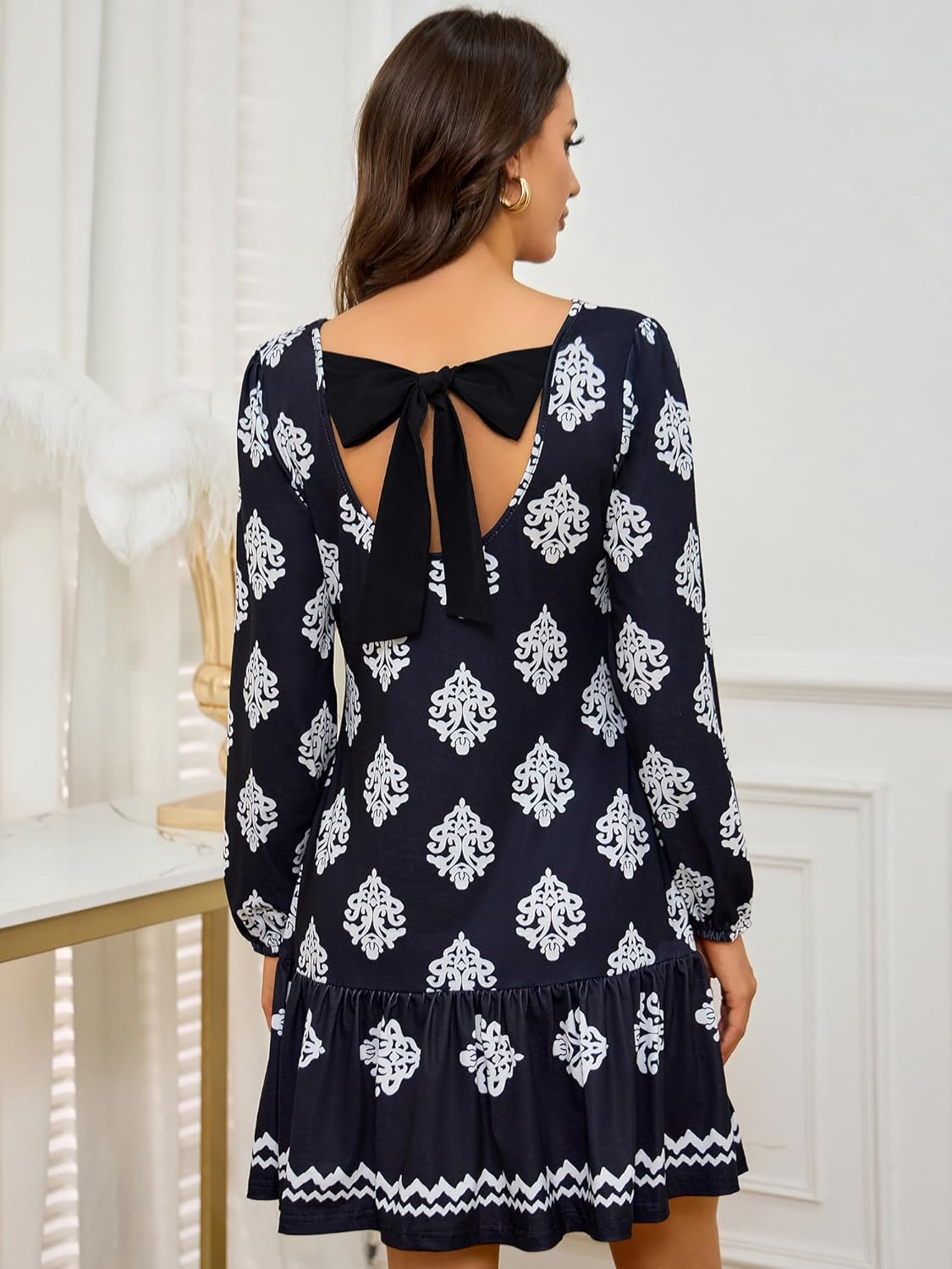 Women's Winter Casual Pocket Design Dress Long Sleeves with Cuffs Backless with Bow Tie Black Print Medium - Image 5