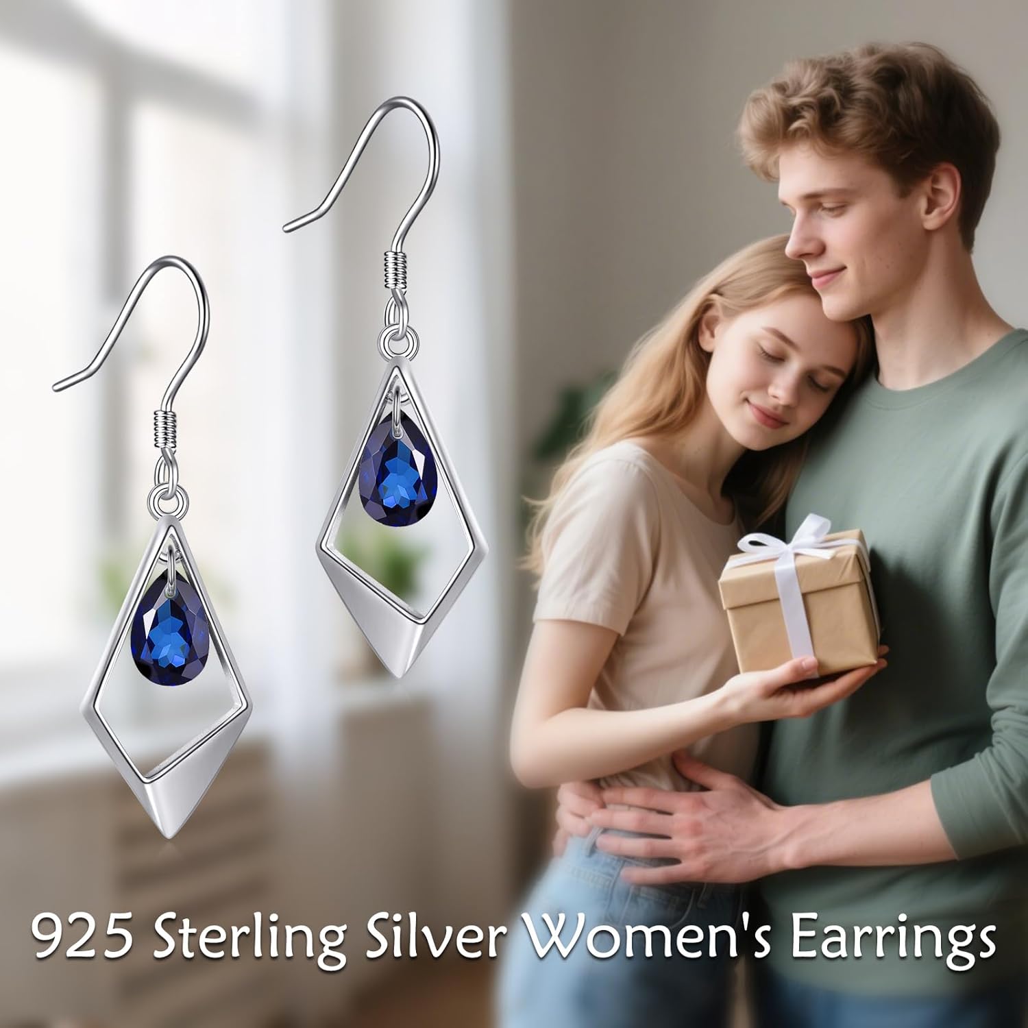 VONALA Valentine's Day Gifts Sterling Silver Dangle Earrings for Women Rhombus Drop Dangle Earrings Sapphire Leverback Hook Earring Jewelry Birthday Gifts - Image 5