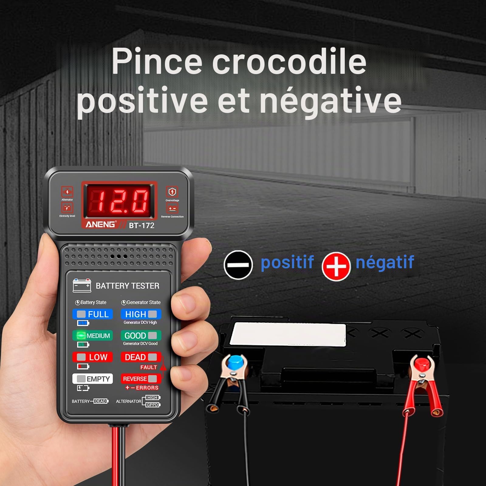Testeur Batterie de Voiture,12V,Testeur Batterie de Voiture,Numérique Analyseur de Charge D’alternateur,Voltmètre avec Écran LCD et LED,Indicateur de Tension Pour Voitures et Outils Électriques