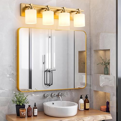 Miniatura 74 de 3 lámparas modernas de baño sobre el espejo, luces de tocador de oro negro para apliques de pared de baño con pantallas de vidrio blanco lechoso