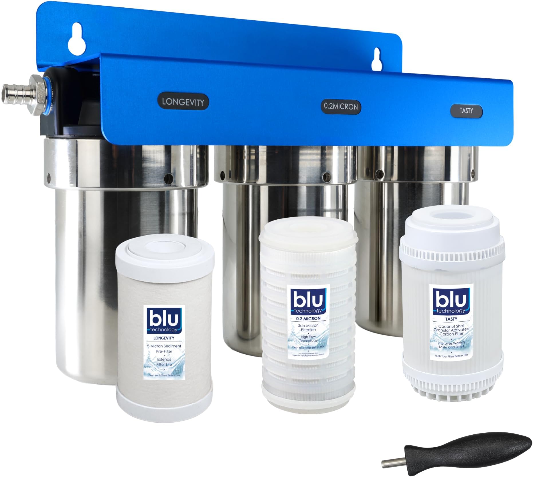 GoBluTech Trio, RV Water Filter System with 0.2 Micron Drinking Water Filter System & Mounting Bracket - RV, Camper Van Water Filtration System - US Veteran Owned