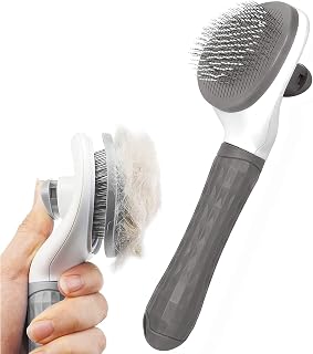 Dog Brush Cat Brush Grooming Comb,Self Cleaning Cat Dog Slicker Brushes with Smooth handle,Pet Grooming Tool with Cleaning Button for Cat Dog Shedding Tools Cat Dog Massage Clean Tangled Brush (Grey)