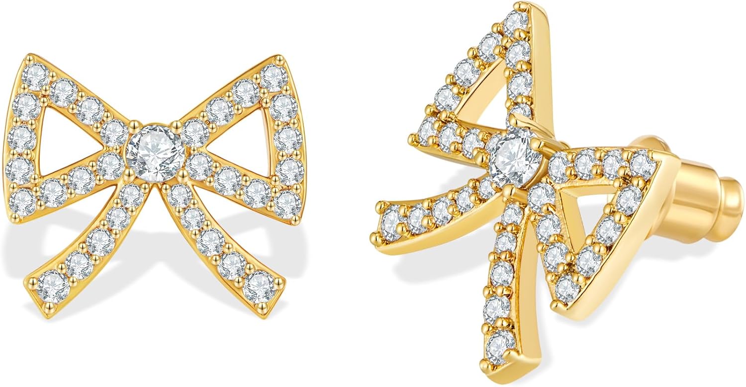 Gold Bow Stud Earrings For Women Cute CZ Rhinestone Pearl Bowknot Statement Earrings Dainty Bow Jewelry