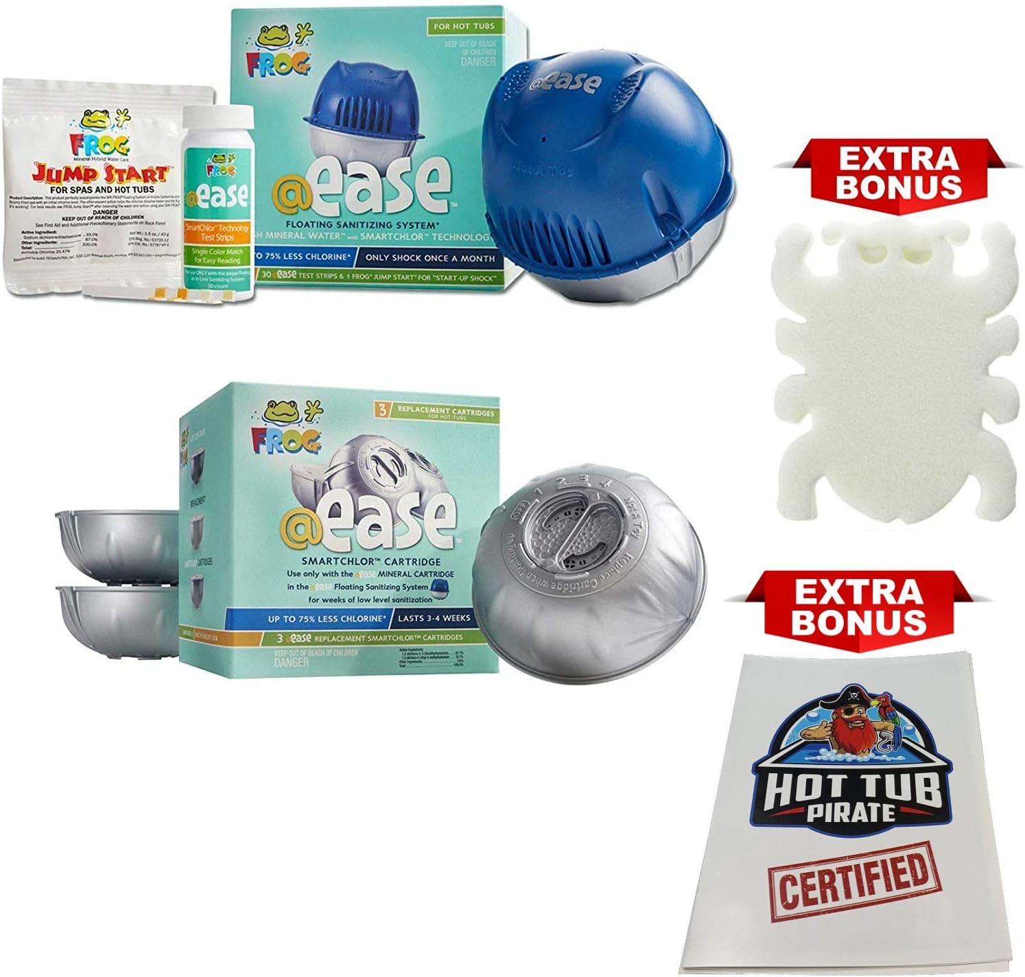 Frog @Ease Floating System for Hot Tubs with 3 Refill SmartChlor @ Ease Replacement Cartridges, Jump Start Shock and 30 Test Strips (with Bonus Scumbug Brand Oil Absorbing Sponge)