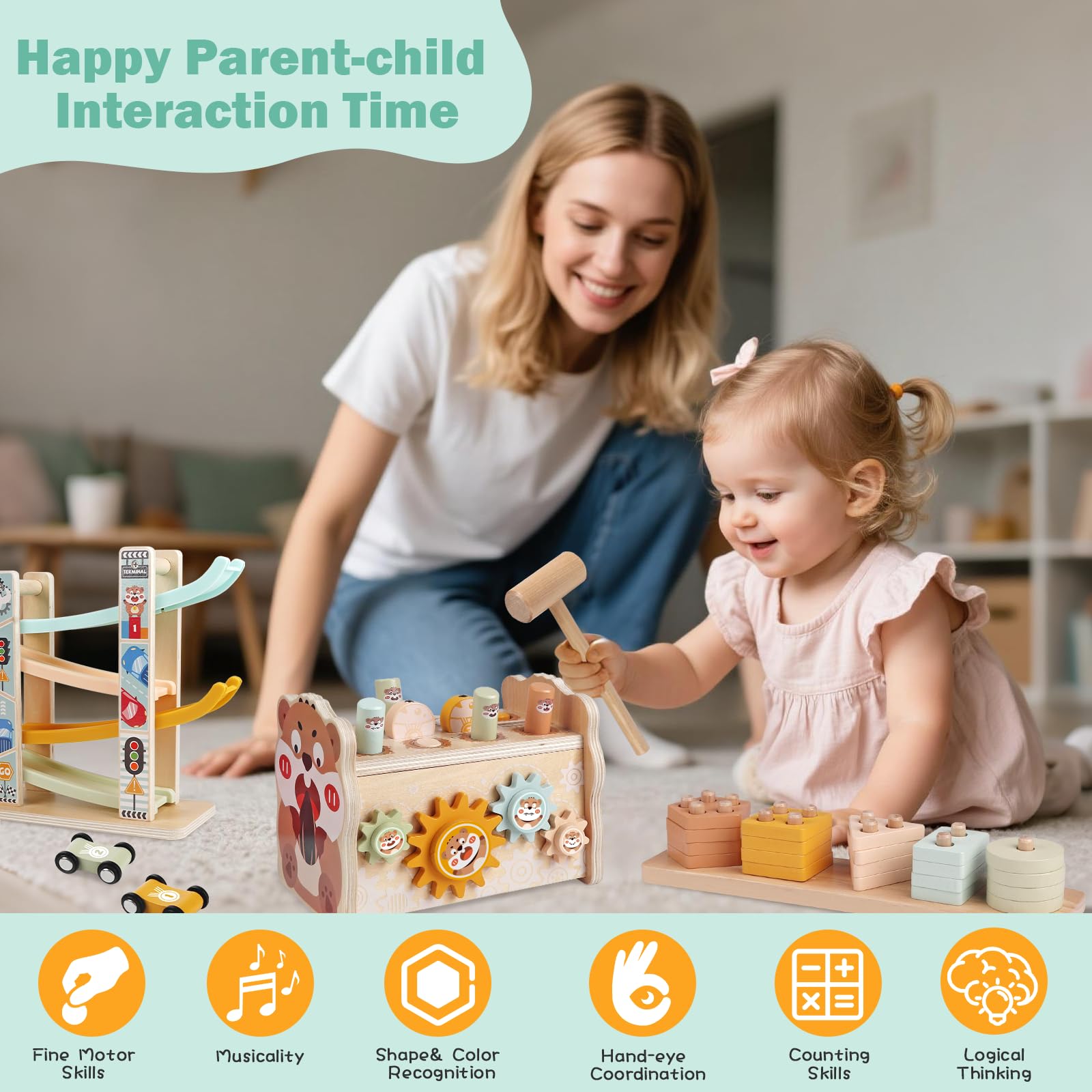 Weilim Giochi Montessori Bambini 1 Anno Legno Cubo Attività Macchinine | Cubo attività 5 lati: xilofono, martello, pesca, ingranaggi, incastri forme e blocchi impilabili. Regalo bimbo 1 anno, EN71