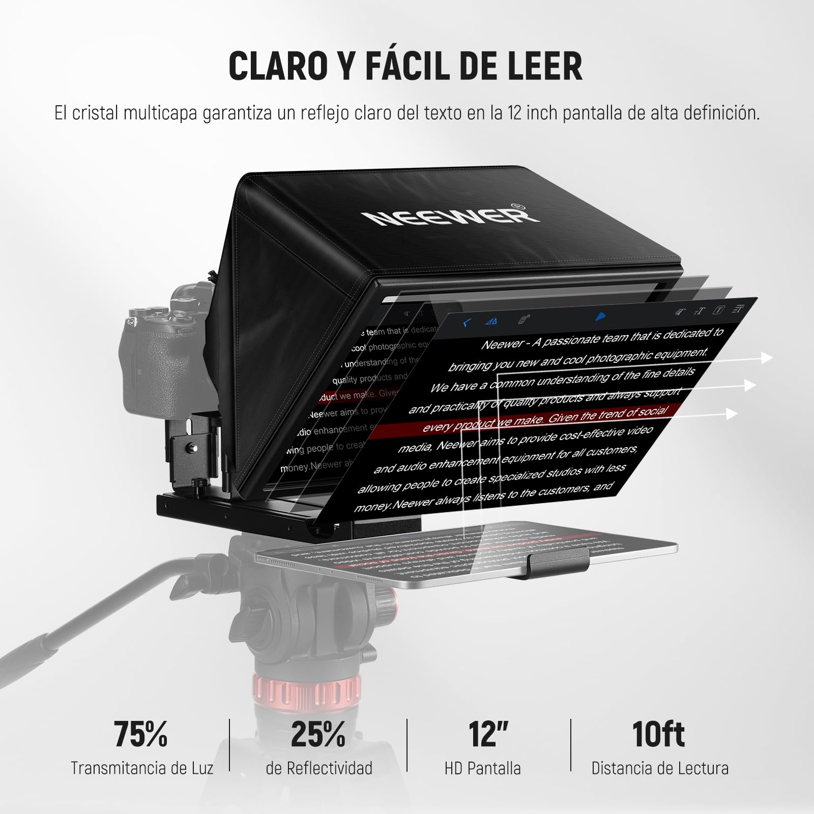 NEEWER Basics X12B Teleprompter Elevable Aleación Aluminio 12", Compatible con iPhone iPad Tablet Phone Camera, Sin Ensamblaje/Remoto & App Control, paño de Limpieza, para Curso Online Streaming Live