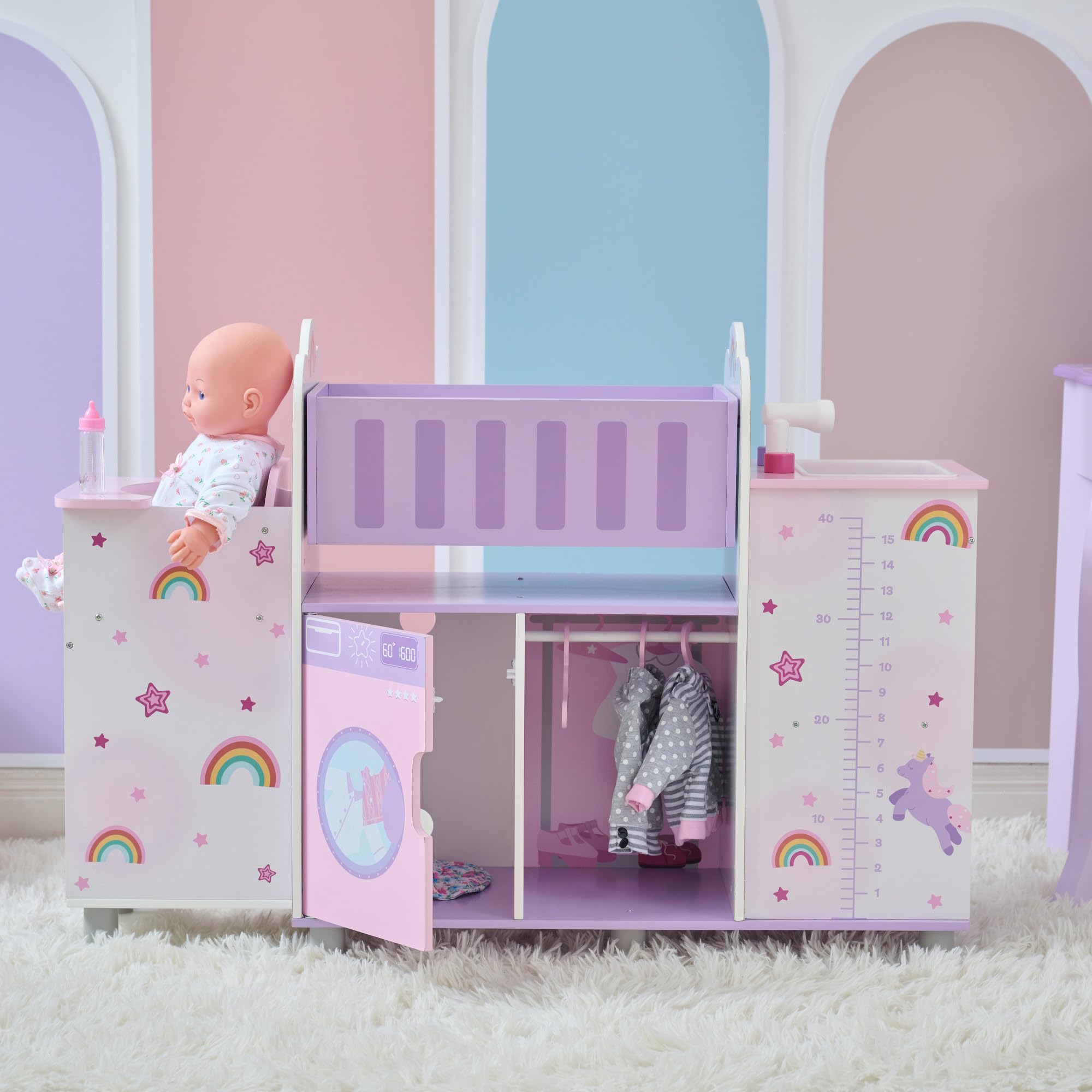 Olivia's Little World Nursery 6 w 1 drewniana lalka z łóżeczkiem, zlewem, wysokim krzesłem, szafką, pralką i wbudowanym przechowywaniem