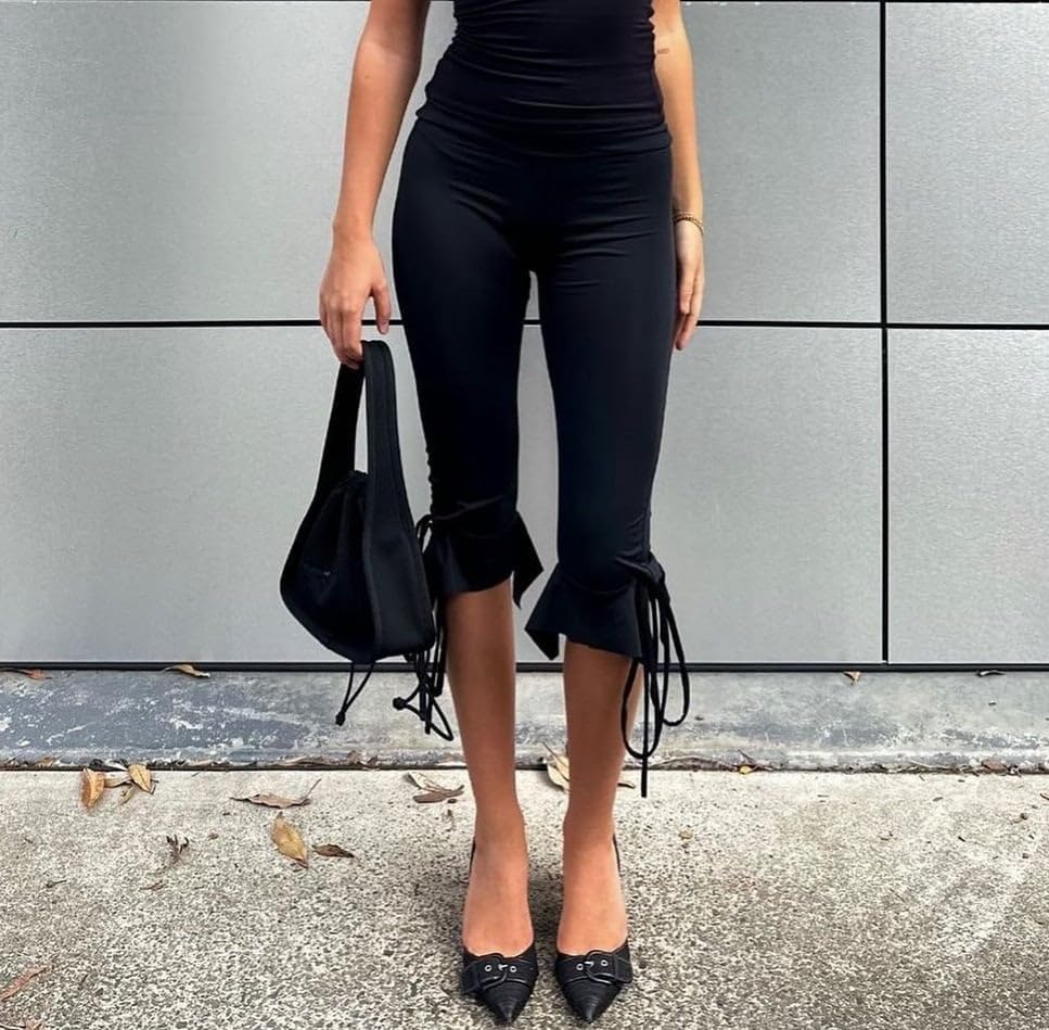 Aonoapll Women Y2k Skinny Capri Pants Cute Bow Tie Capri Leggings Slim Fitted Knee Length Stretchy Cropped Trousers - Image 4