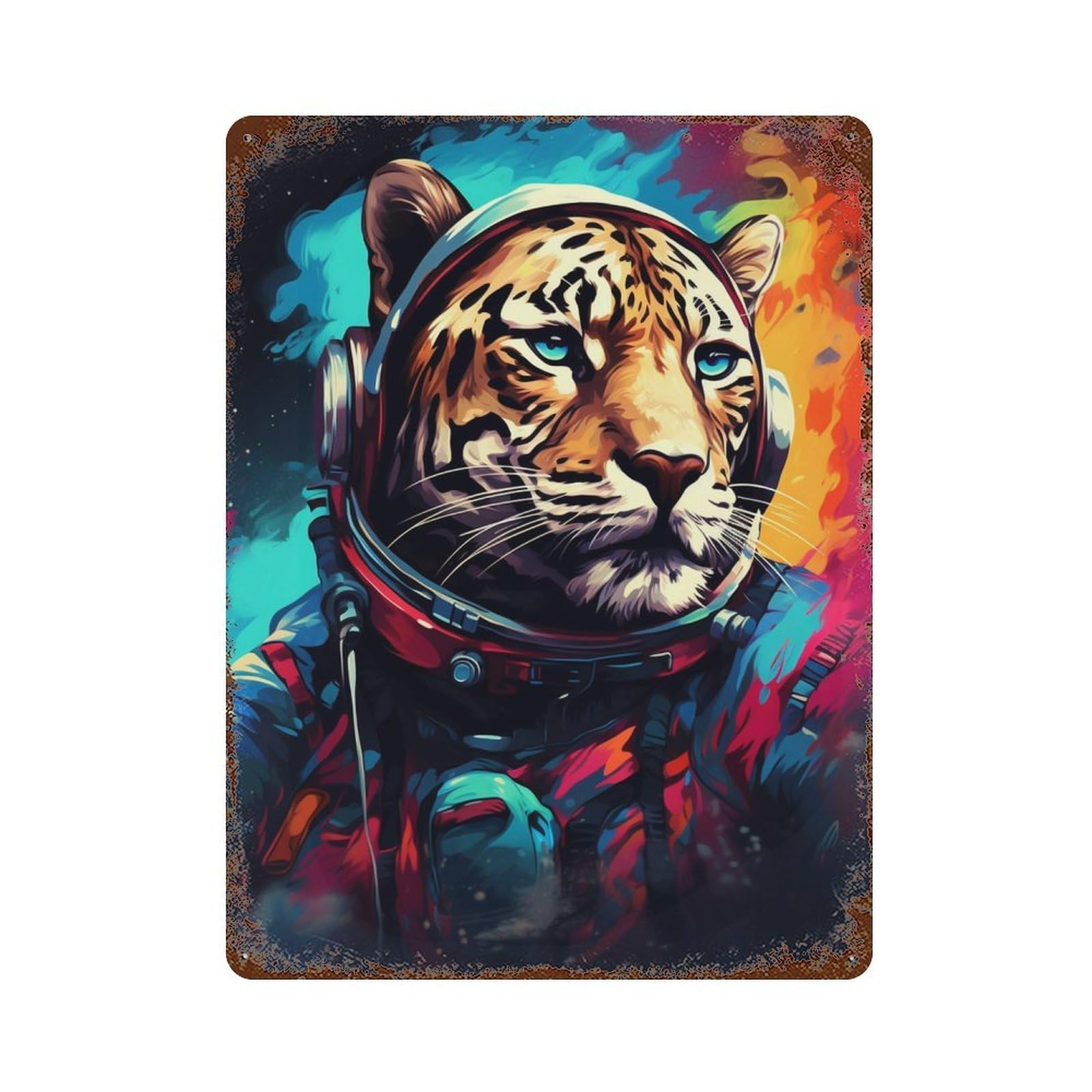 Tiger Astronaut Space Art 15.7"x11.8" Weathered Tin Sign, Shabby Chic Decor for Farmhouse, Kitchen And Entryway Decor