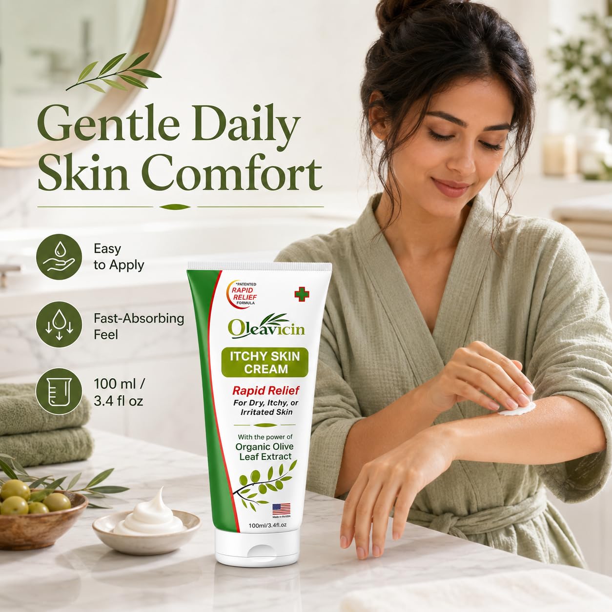 Oleavicin Extra Strength Anti-Itch Cream - Itchy Skin Cream for Fast Itch Relief - Natural Anti Itch Cream for Adults & Kids - Organic Olive Leaf Extract - Steroid-Free Rash Relief for Sensitive Skin