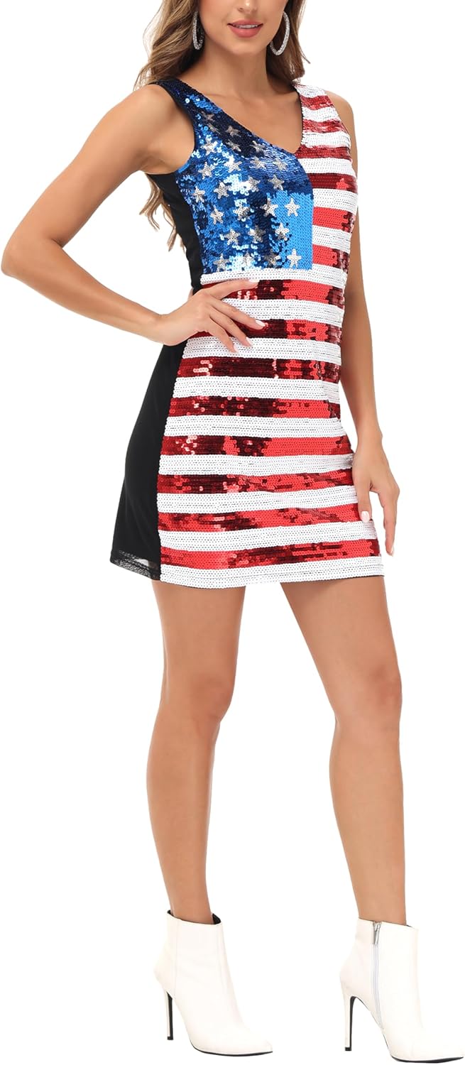 Anna-Kaci Women's American Flag Sequin Dress V-Neck Sleeveless USA Patriotic Striped Glitter Tank Mini Dress - Image 4