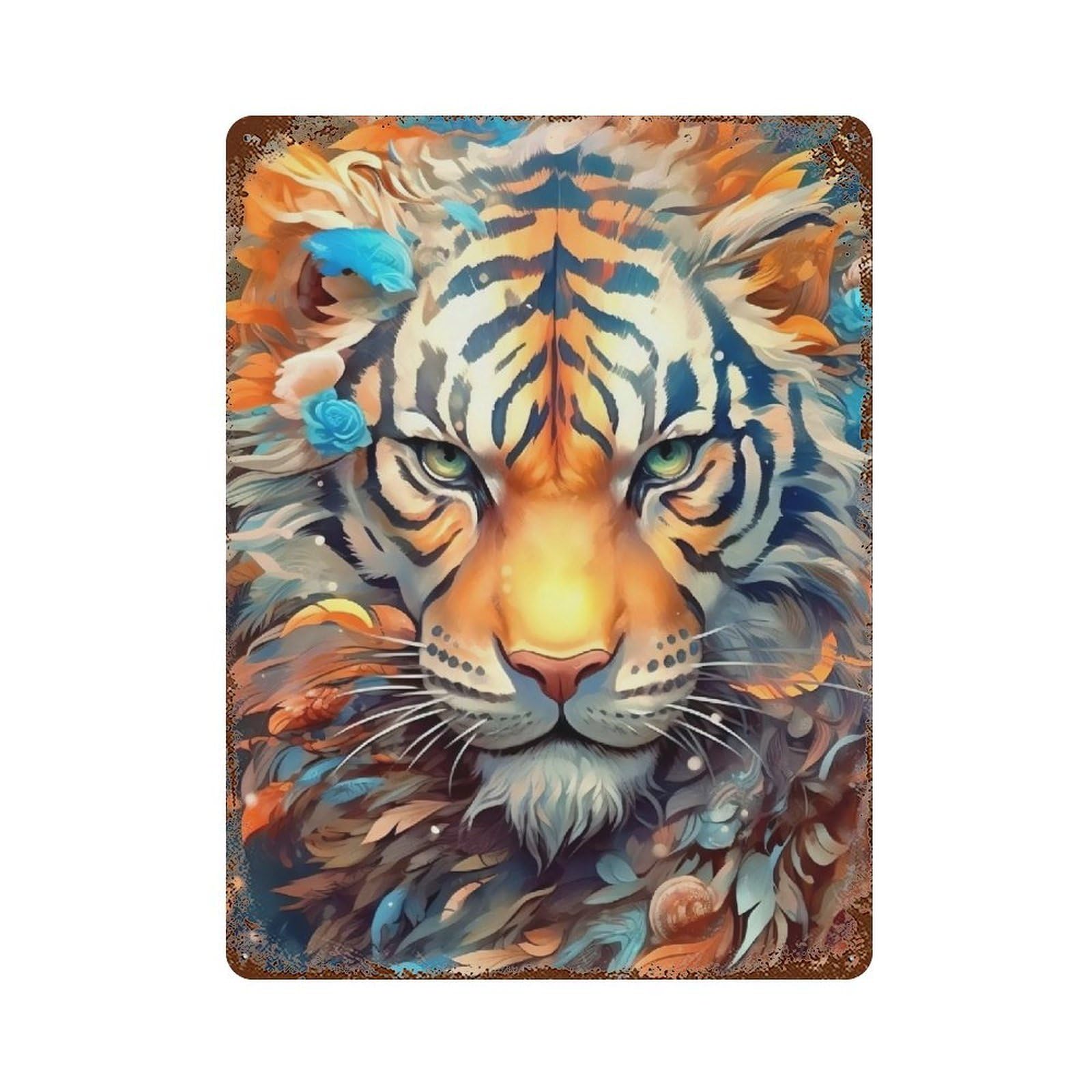 Rust Effect Colorful Tiger Artwork -1 Rusty Metal Tin Sign 15.7"x11.8", Industrial Home Decor for Living Room, Hallway And Home Decor