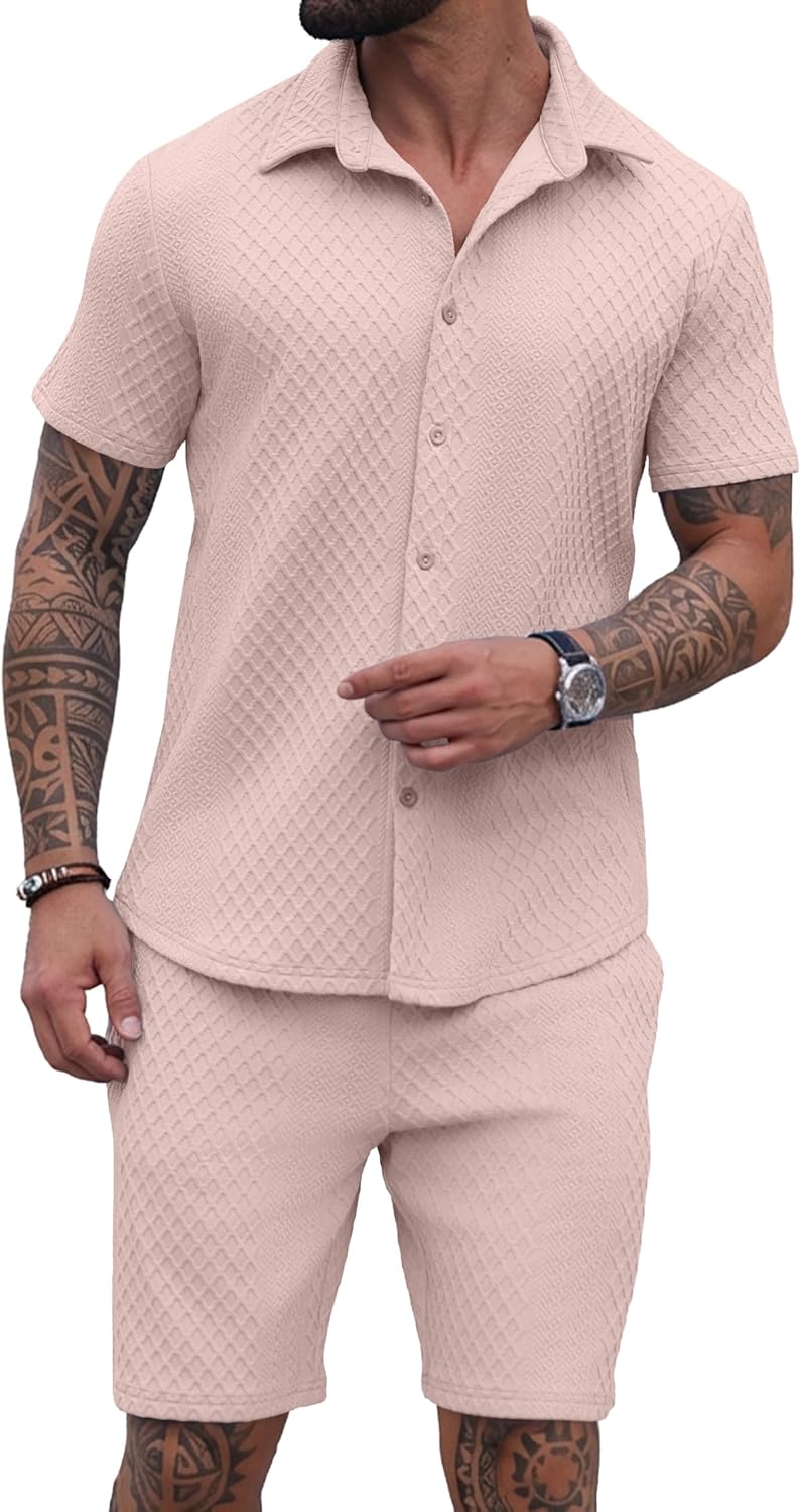 PrinStory Mens 2 Pieces Outfits Short Sleeve Tracksuit Beach Button Down Shirts and Shorts Set with Pockets