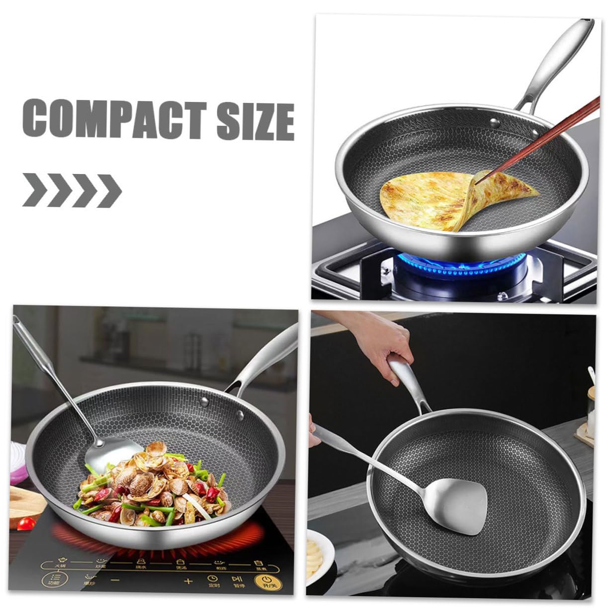 Gadpiparty Padella Antiaderente Nido D’ape in Acciaio Inox 28 Cm, Padella Piccola per Friggere Uova e Bistecche Fondo Piatto e Impugnatura Ergonomica, per Uso Domestico su Tutti i Fornelli