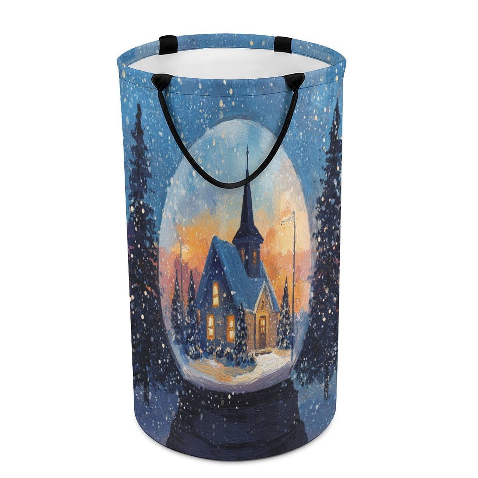LUYYSKY Beautiful Colorful Log Cabin Collapsible Dirty Clothes Basket, Classic Realistic Winter Landscape Snowflake Pine Trees Portable Clothes Storage Laundry Basket-40 CM Dia, 69 CM High