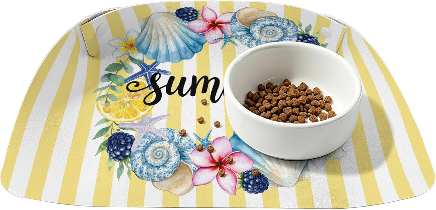 Dog Feeding Mats Starfish Shell Wreath Dog Bowl Mat Waterproof PU Leather Cat Food Mat Summer Lemon Yellow Stripes Pet Food Mats for Dogs Cats Water Dispenser Placemat Floor Protector Pet Supplies