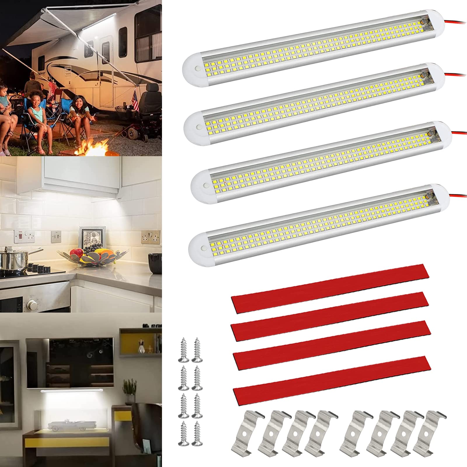 4 x 120 led-binnenverlichting, 12 V ledstrip met aan/uit-schakelaar, auto-binnenlichtstrip, led-leeslamp, fluorescentielamp voor auto, camper, bestelwagen, caravan, boot, keuken, badkamer bar
