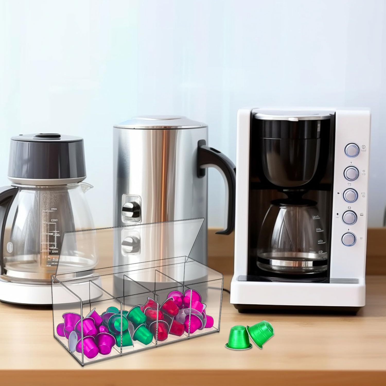Grand support de dosettes de café, distributeur de capsules en acrylique transparent avec compartiment, boîte de rangement en plastique avec couvercle pour toutes les dosettes de café,