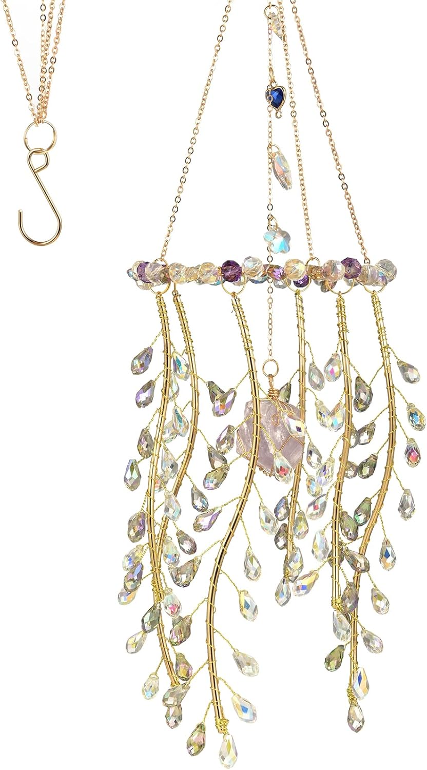 Crystal Hanging Suncatcher with Natural Stone, 16.9 Inch Decorative Wind Chime, Gold Chain & Branch Design (Aurora)