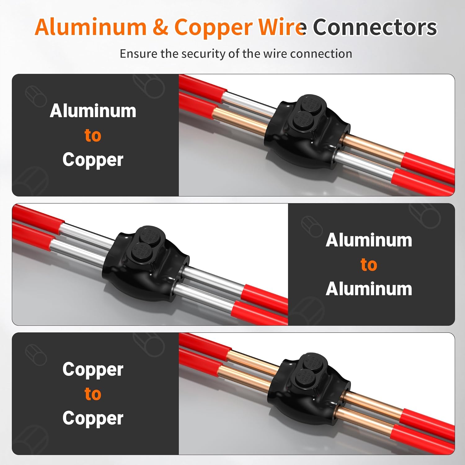 Joinfworld 2 Port Insulated  Splice Connectors 2-14 AWG Aluminum to Copper Wire Connectors Dual Entry Black Electrical Cable Connectors with 5/32" Slotted Allen Hex - 6 Pack