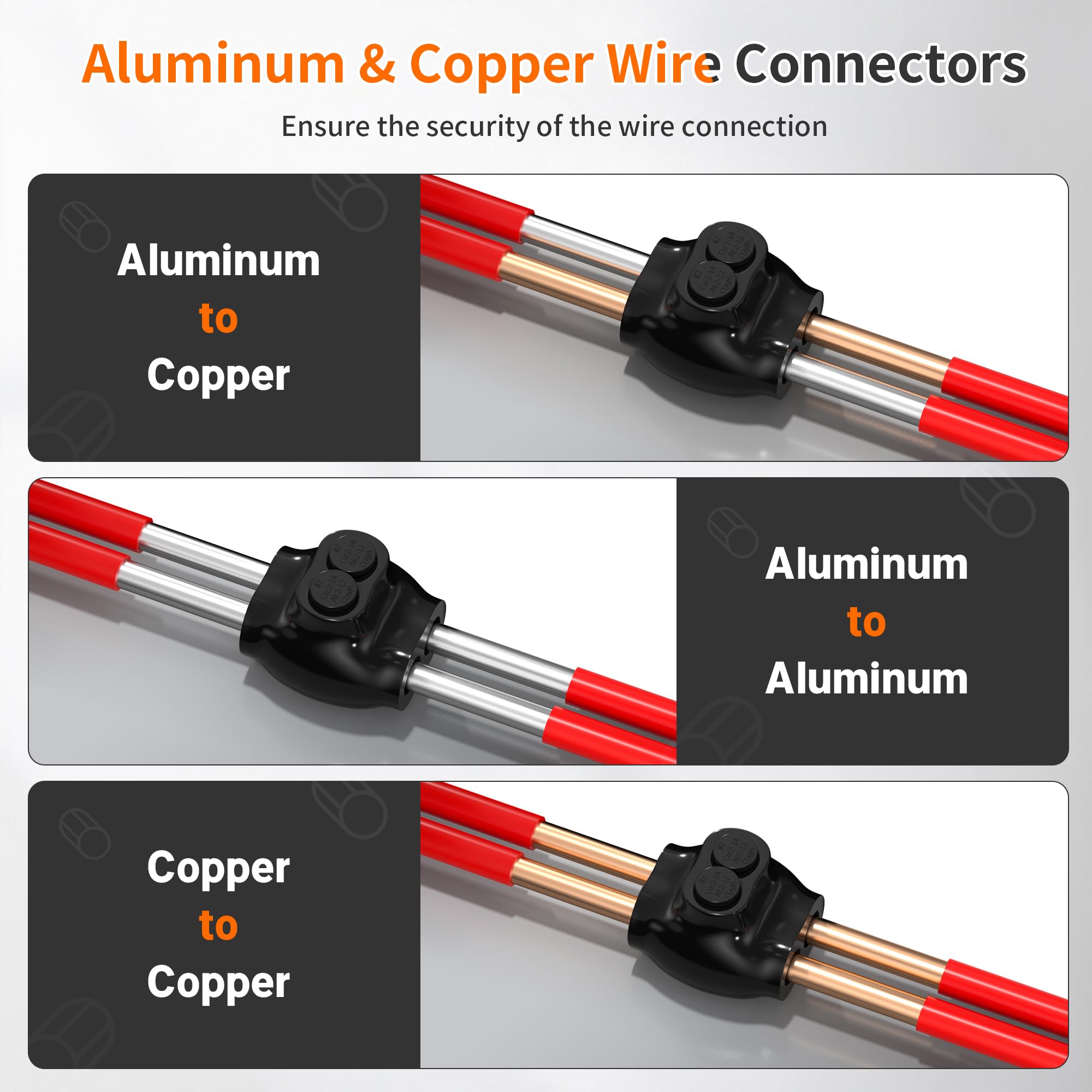 Joinfworld Connettori isolati a 2 porte 2-14 AWG da alluminio a filo di rame, connettori per cavi elettrici neri a doppia entrata, con scanalatura esagonale da 5/32", confezione da 6