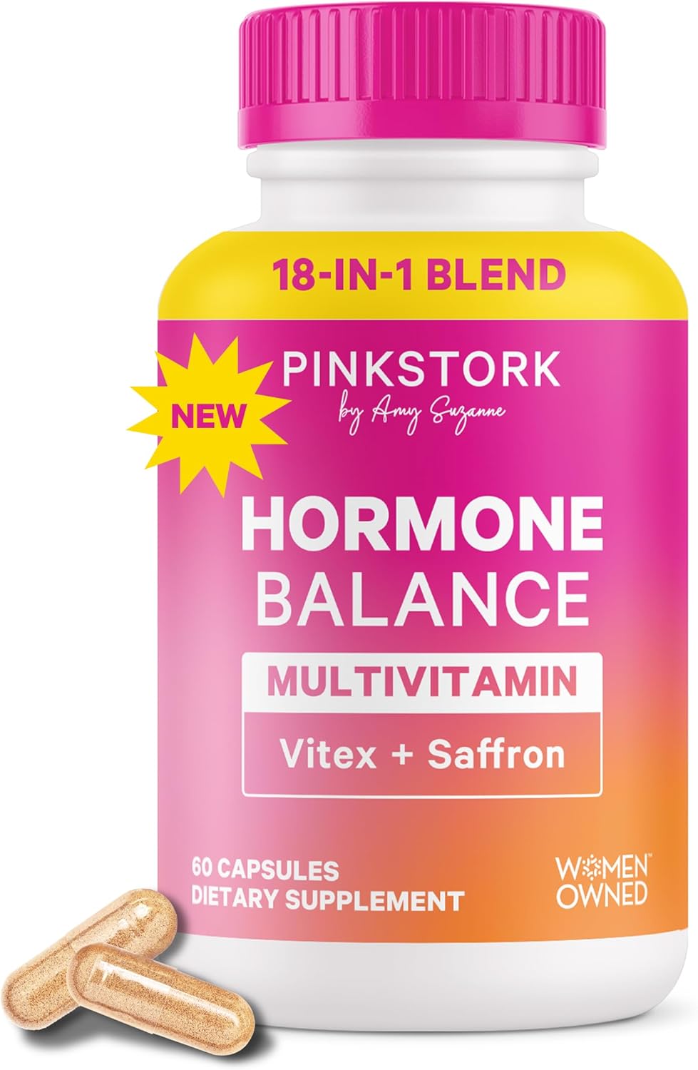 Pink Stork Hormone Balance Multivitamin – 18-in-1 Daily Vitamin with Adrenal and Cortisol Support – Mood, Stress, Energy Support – Perimenopause, PMS and Period Relief – Vitex + B-Complex + Saffron