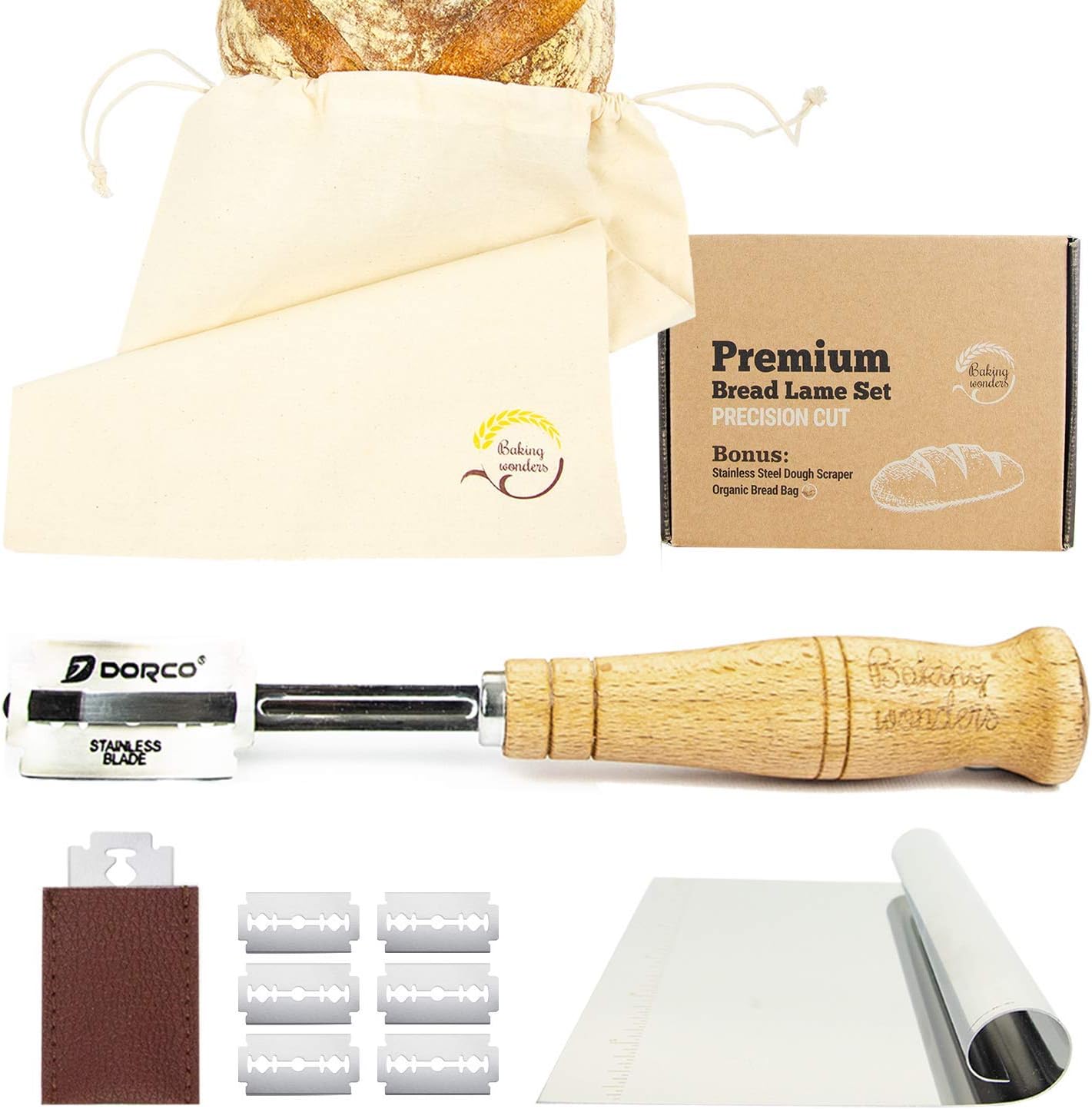 Bread Lame Set Hand Crafted - Premium Pack Dough Scoring Blade Tool with Authentic Leather Protective Cover Stainless Steel Dough Scraper Organic Cotton Bread Bag for Professional and Home Bakers…