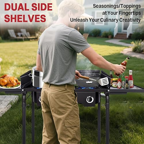 Miniatura 4 de Estufa de campamento de propano de 2 quemadores  Quemadores de gas de 150,000 BTU  Estantes laterales  Parabrisas  Cubierta impermeable  Patas