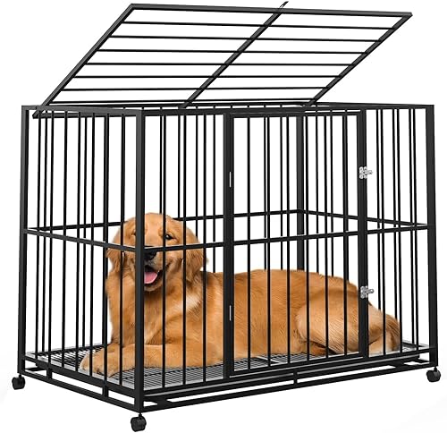 Jaula para perros de 48 pulgadas, perrera de acero inoxidable para uso en interiores, jaula para perros a prueba de fugas con ruedas y bandeja