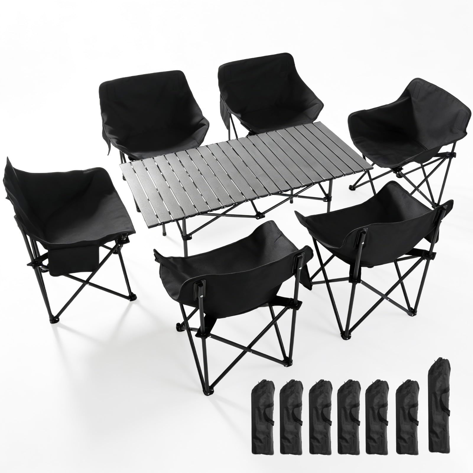 Warmiehomy Garden Table and Chairs Set 6, Camping Table and Chairs, Foldable Camping Table Set, Carbon Steel Folding Table and Chairs with Side Pocket & Carry Bag for Indoor Outdoor BBQ (120cm Table)