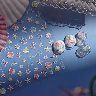 1Pcs Summer Beach Nail Sticker for Nail Art Holographic Laser Ocean Nail Stickers 5D Self-Adhesive Embossed Coral Flower Seashell Starfish Nail Decals Marine Life Nails Supplies Accessories for Women