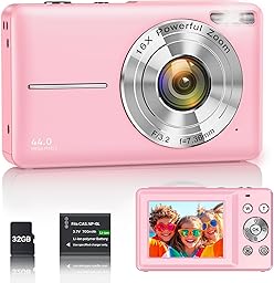 Fotocamera Digitale 1080P 44MP Macchina Fotografica Vlogging per Bambini Ragazzi, FHD Compatta Portatile con Schermo da 2,4" Zoom 16X, Mini Fotocamera Anti-Shake per Principianti Studenti-Rosa