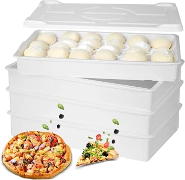 4 Packs Pizza Dough Proofing Box Stackable 60 x 40x 9.5cm Pizza Dough Box with Lid, Plastic Proofing Tray, Dishwasher Safe 4 Boxes + 1 Lid