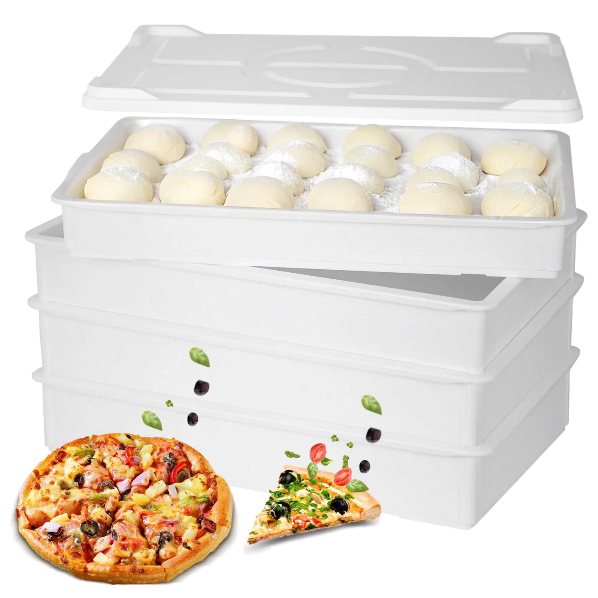 Set di 4 scatole per la lievitazione della pizza con 1 coperchio, 60 x 40 x 9,5 cm, impilabili, per uso alimentare, per pizza, pane e panetteria, contenitori in plastica resistente, lavabili