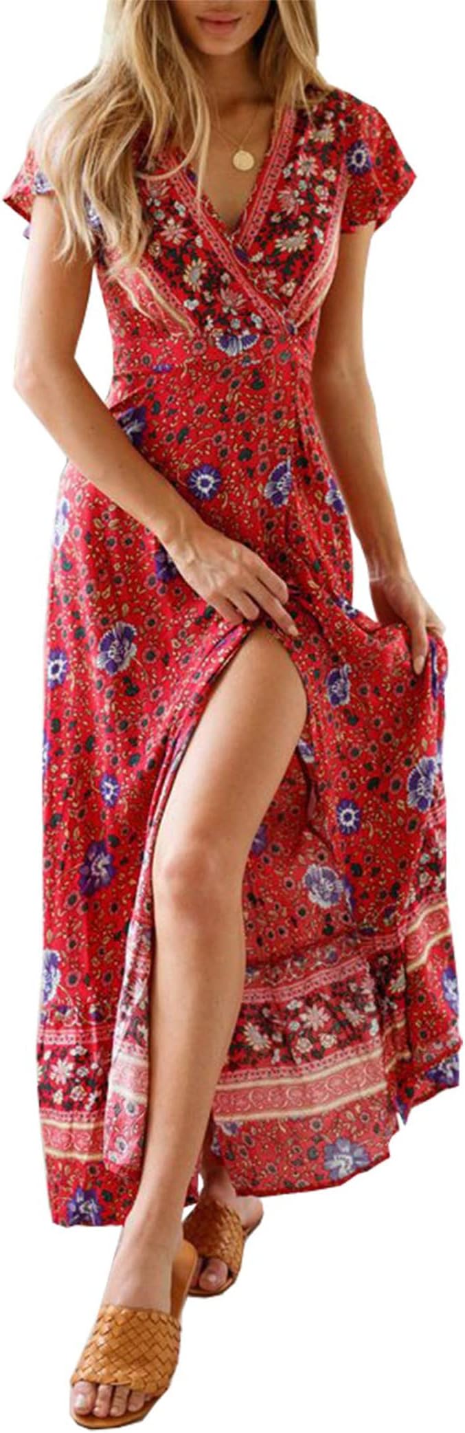 PRETTYGARDENWomen Boho Summer Side Split Deep V Neck Short Sleeves Maxi Dress with Belt