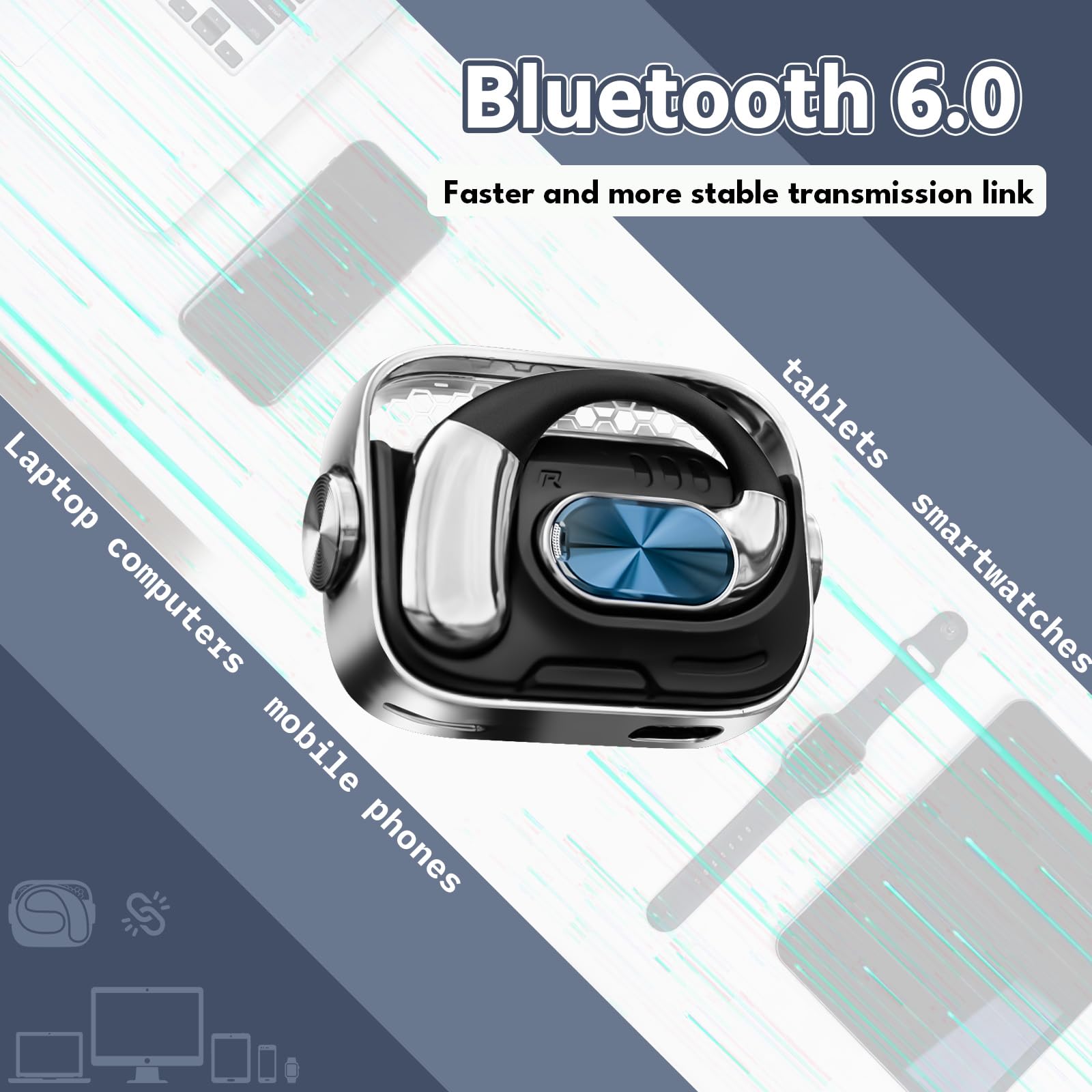 Auricolari aperti, auricolari aperti, wireless Bluetooth 6.0, design girevole, qualità del suono chiaro, 60 ore di autonomia, impermeabilità IPX5, cuffie aperte ideali per fitness, viaggi e