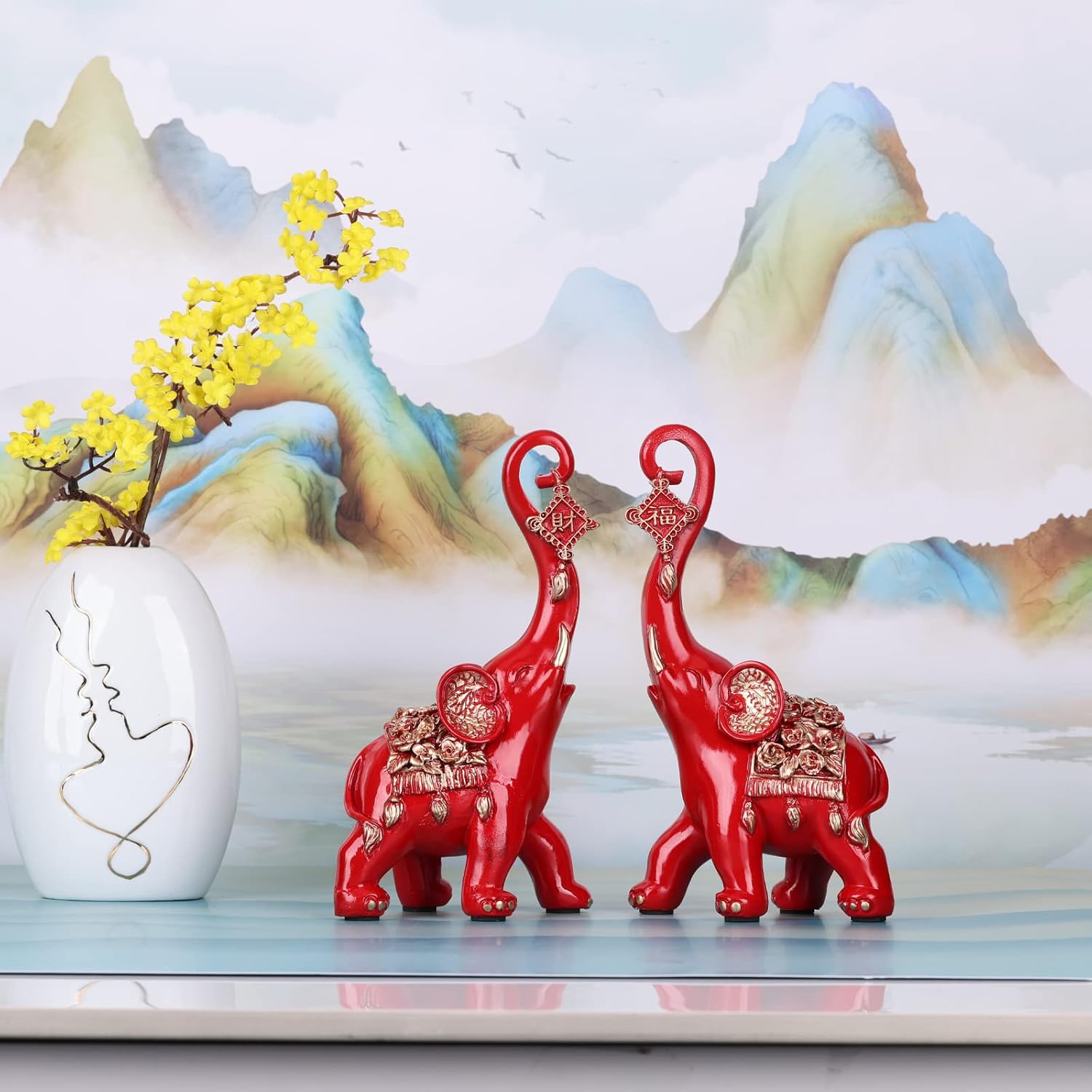 Red Elephant Statues Home Decor, A Pair Red Lucky Elephant Statue and Sculpture Decorativos para Sala, Elephant Gifts for Women - for Living Room Tv Stand, Entry Table Office Ornament