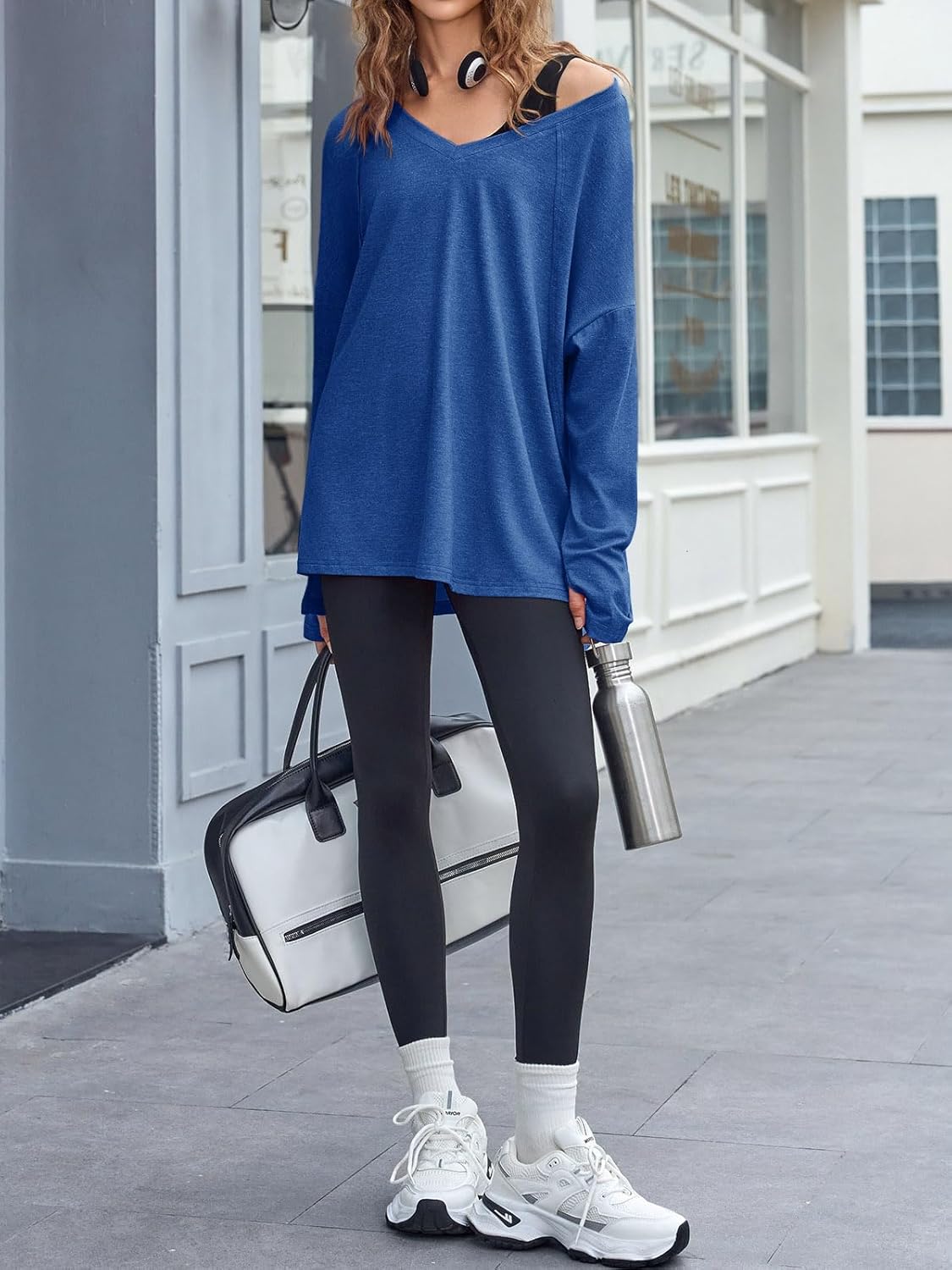 Fisoew Womens Long Sleeve Workout Tops Oversized Activewear Tunic V Neck Atheletic Yoga Shrits with Thumb Holes - Image 2