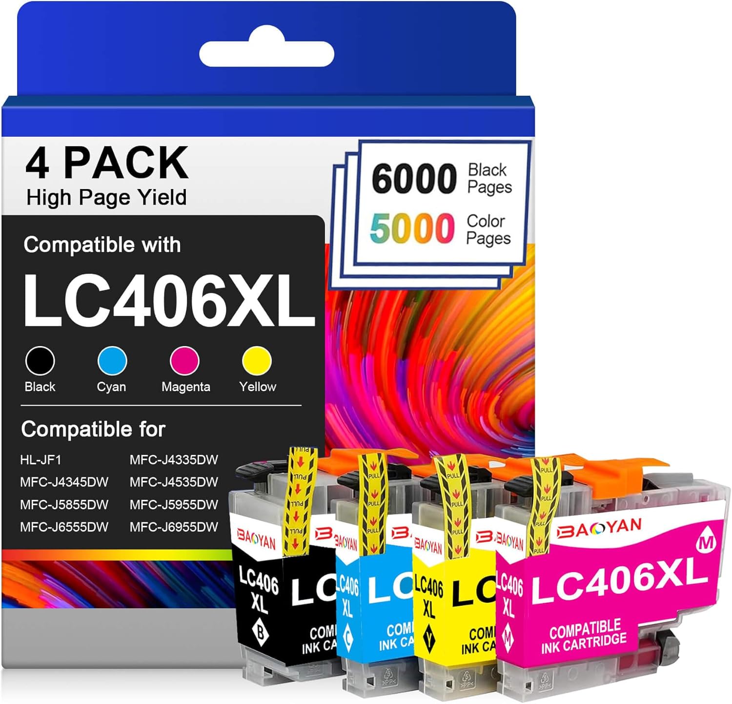 LC406 LC406XL Ink Cartridges for Brother Printer Compatible for LC 406 XL Ink cartridges Work for Brother MFC-J4335DW MFC-J5855DW MFC-J6555DW MFC-J4535DW MFC-J6955DW Printer (High Yield，4-Pack)