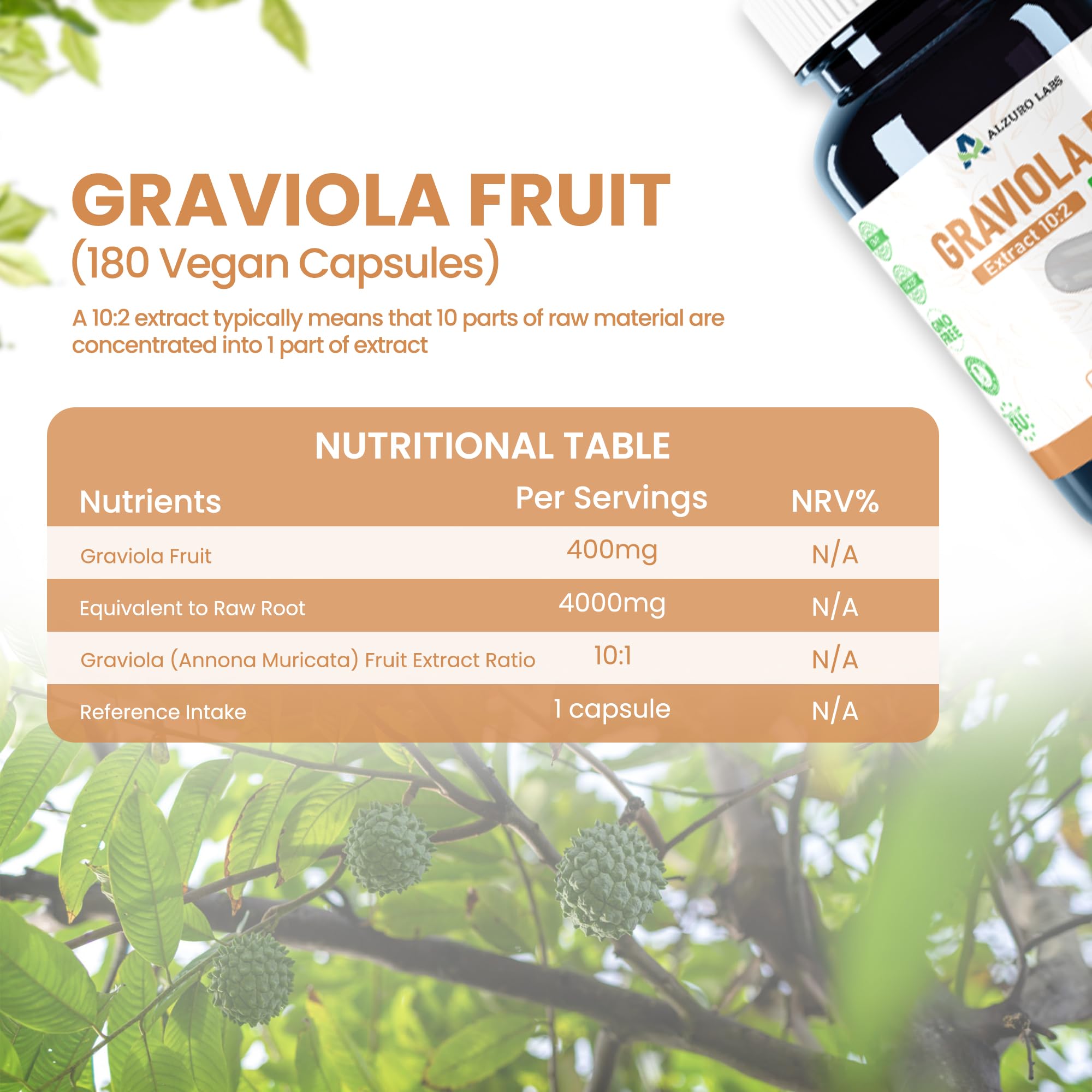 Graviola (Soursop) | 4.000 mg Equivalente | Extracto de Fruta 10:1 400 mg | 180 Cápsulas Veganas | Annona muricata | GMP & Probado por Laboratorio Independiente