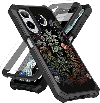 Case for Cricket Icon 6 SL219C/AT&T Verge SL219A Phone Case with Screen Protector Tempered Glass,Slim TPU Rugged Corners Bumper Cover for Men Women-Flowers Plants Moon Night