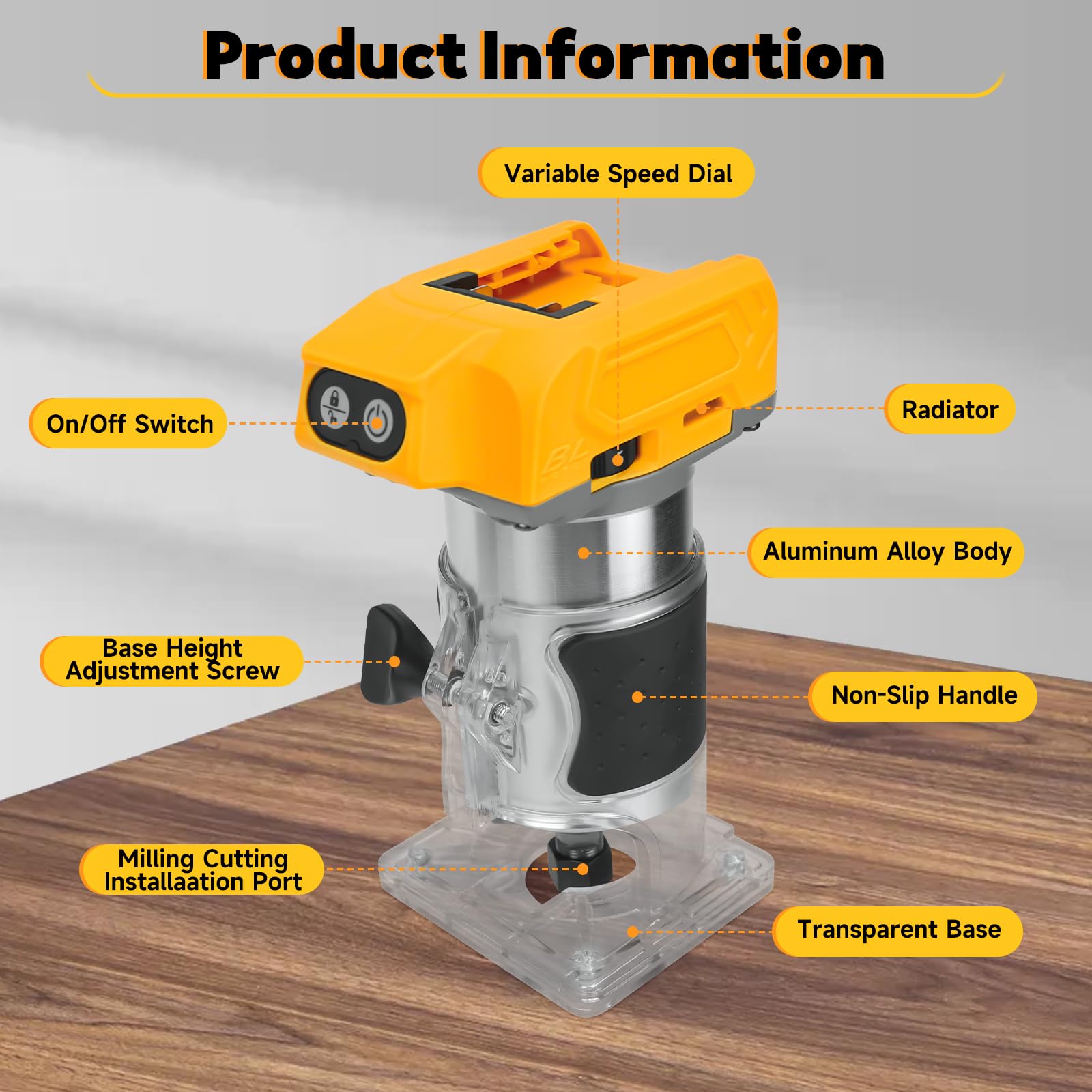 Fresadora con batería compatible con batería Dewalt de 20 V, 800 W, recortadora sin escobillas, router con 5 marchas, 30000 rpm, 5 unidades de 1/4 de cuello ranurado para carpintería, corte (sin