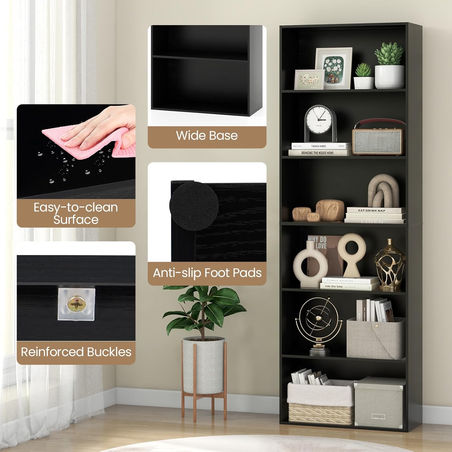 Close-up images highlighting the easy-to-clean surface, wide base, anti-slip foot pads, and reinforced buckles of the bookcase.